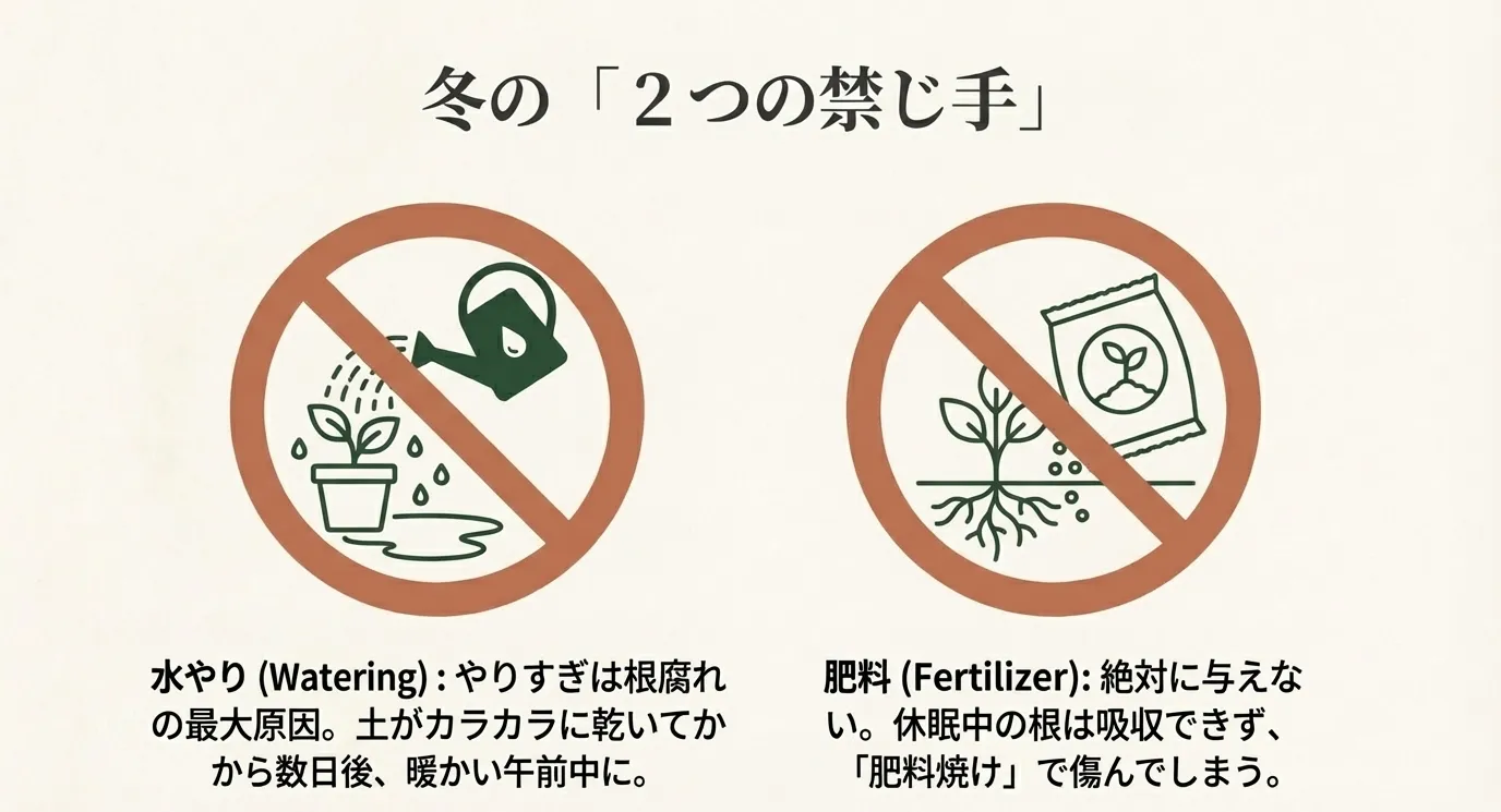 冬の時期にやってはいけない「水のやりすぎ」と「肥料の投与」を説明するイラスト。