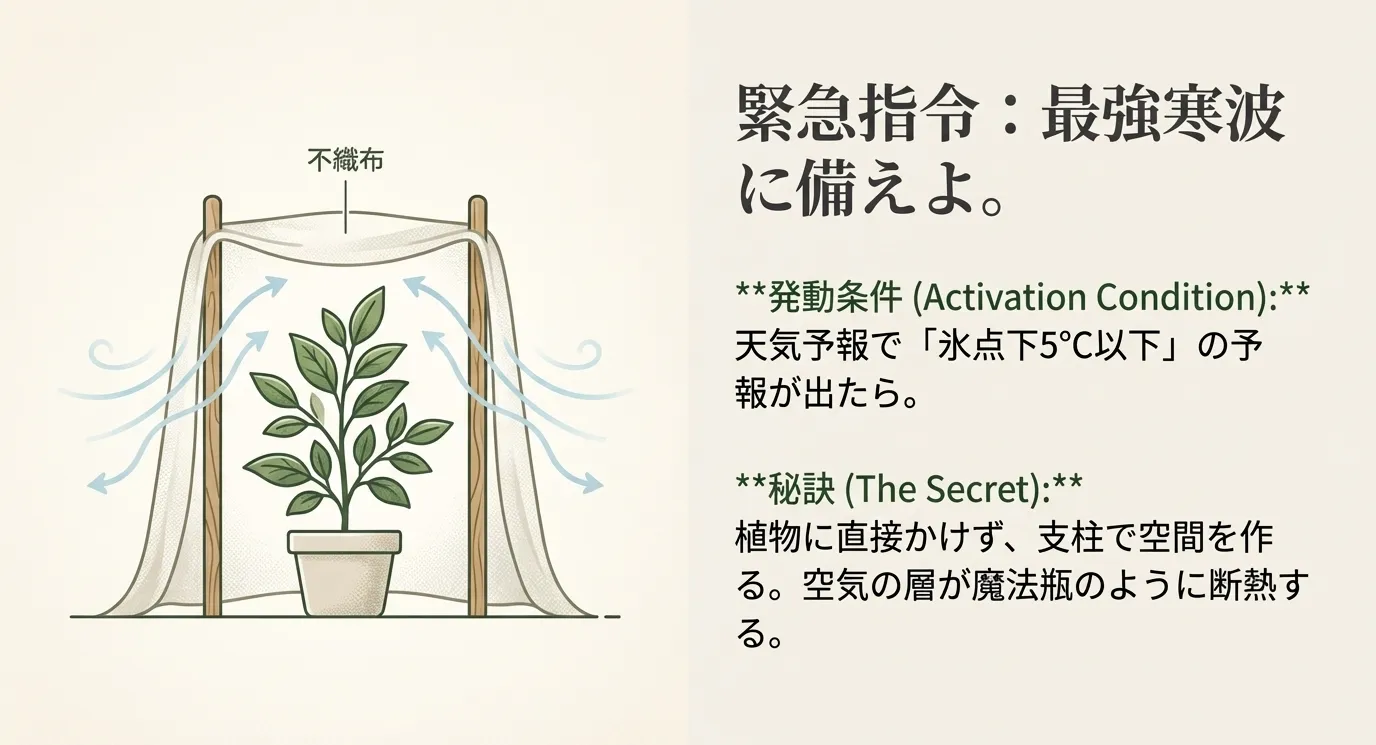 氷点下5度以下の予報時に、不織布と支柱で空気の層を作って断熱する方法の解説。