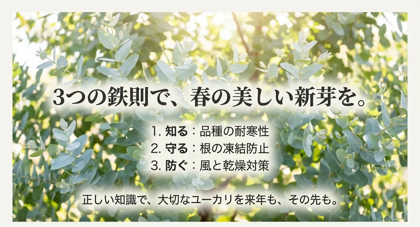 3つの鉄則（品種の耐寒性を知る、根を凍結から守る、風と乾燥を防ぐ）の振り返りまとめ表