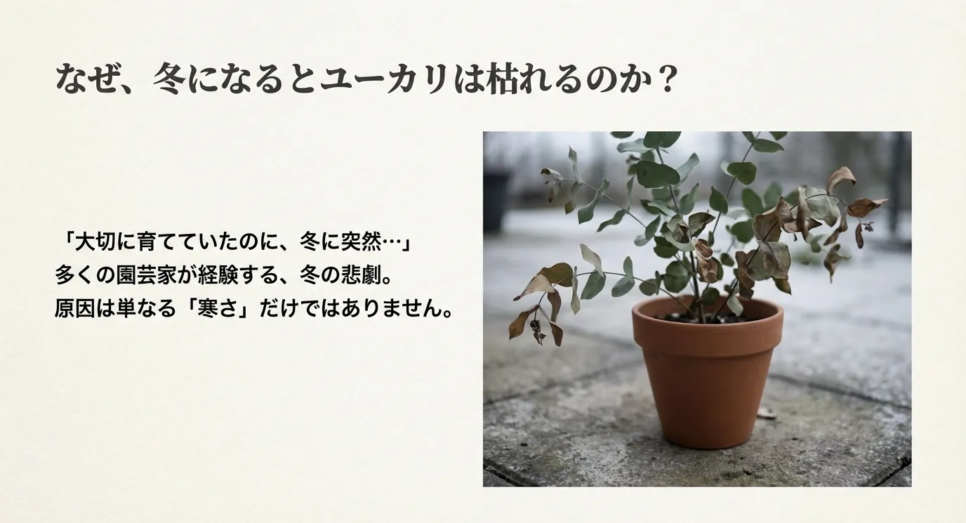 鉢植えのユーカリの葉が茶色く枯れかかっている写真。寒さだけではない枯死の原因を示唆するイメージ。