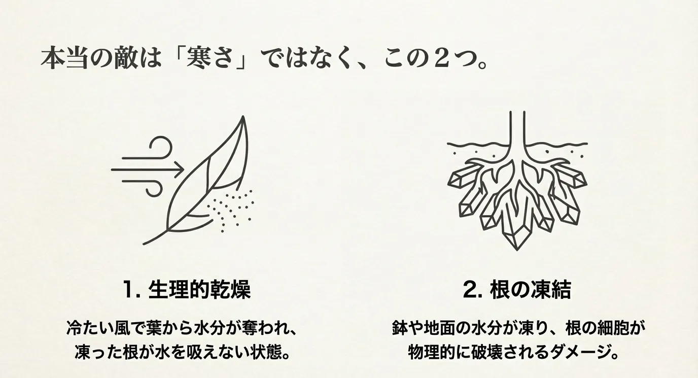 冬の枯死の2大原因である、風で葉から水分が奪われる「生理的乾燥」と、水分が凍り細胞が破壊される「根の凍結」の図解イラスト。