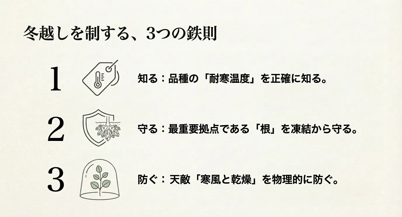 冬越しを成功させるための3つのポイント（知る：耐寒温度、守る：根の凍結防止、防ぐ：寒風と乾燥）のアイコンイラスト。