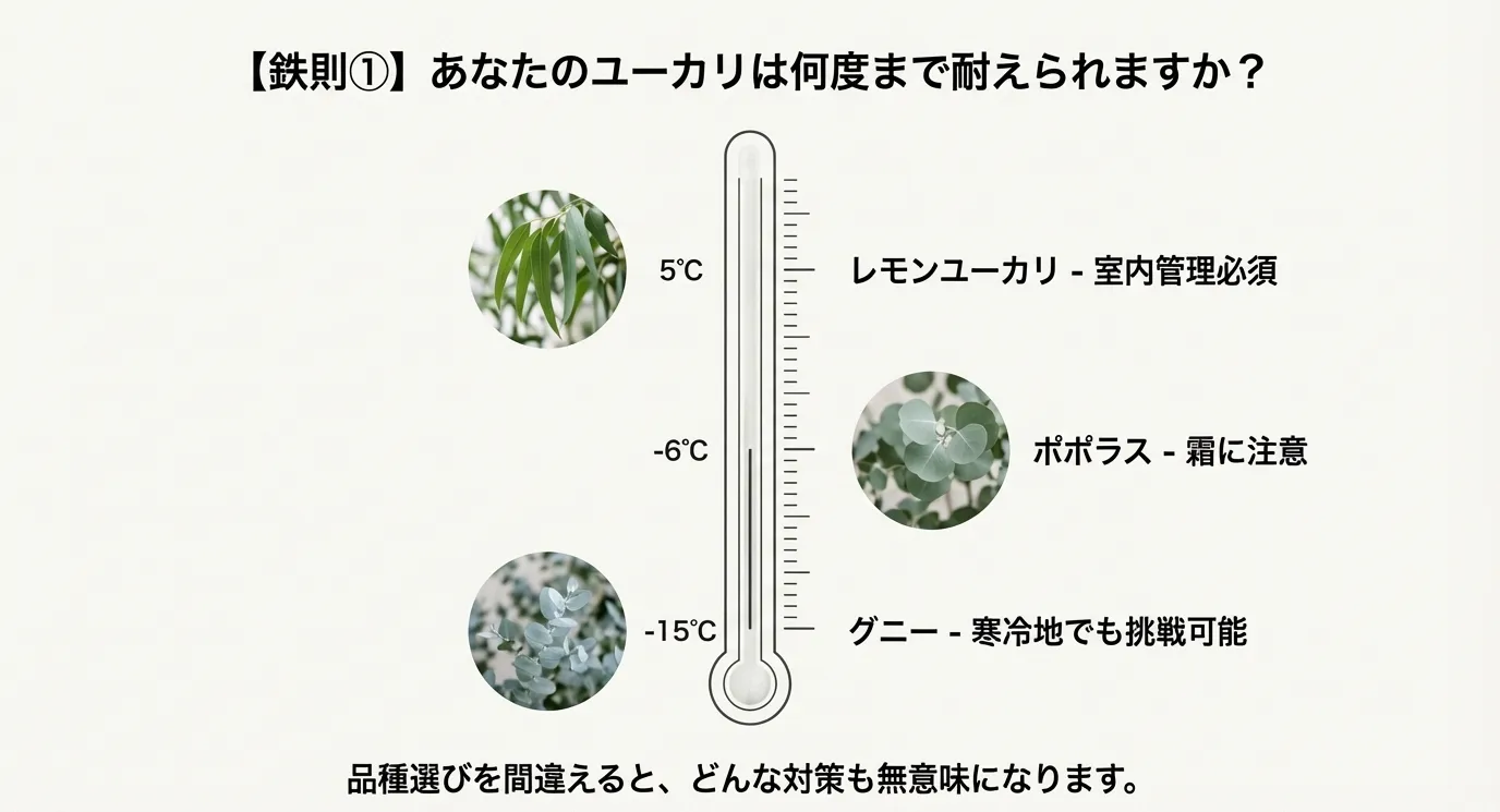 ユーカリの品種別耐寒温度の図解。レモンユーカリ（5℃）、ポポラス（-6℃）、グニー（-15℃）の耐寒目安が温度計のイラストと共に示されている。