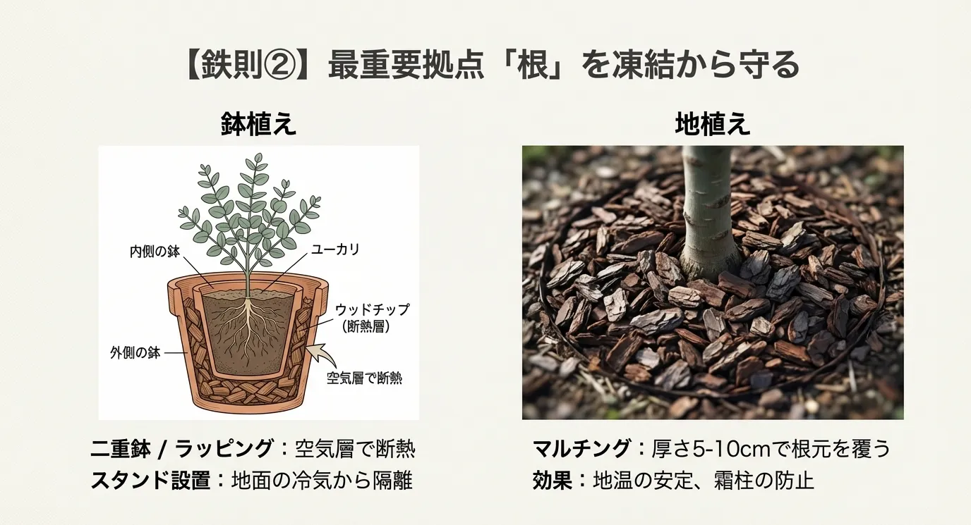 左側には鉢を二重にして断熱層を作る「二重鉢」の断面図、右側には地植えの根元をウッドチップで覆う「マルチング」の実践写真
