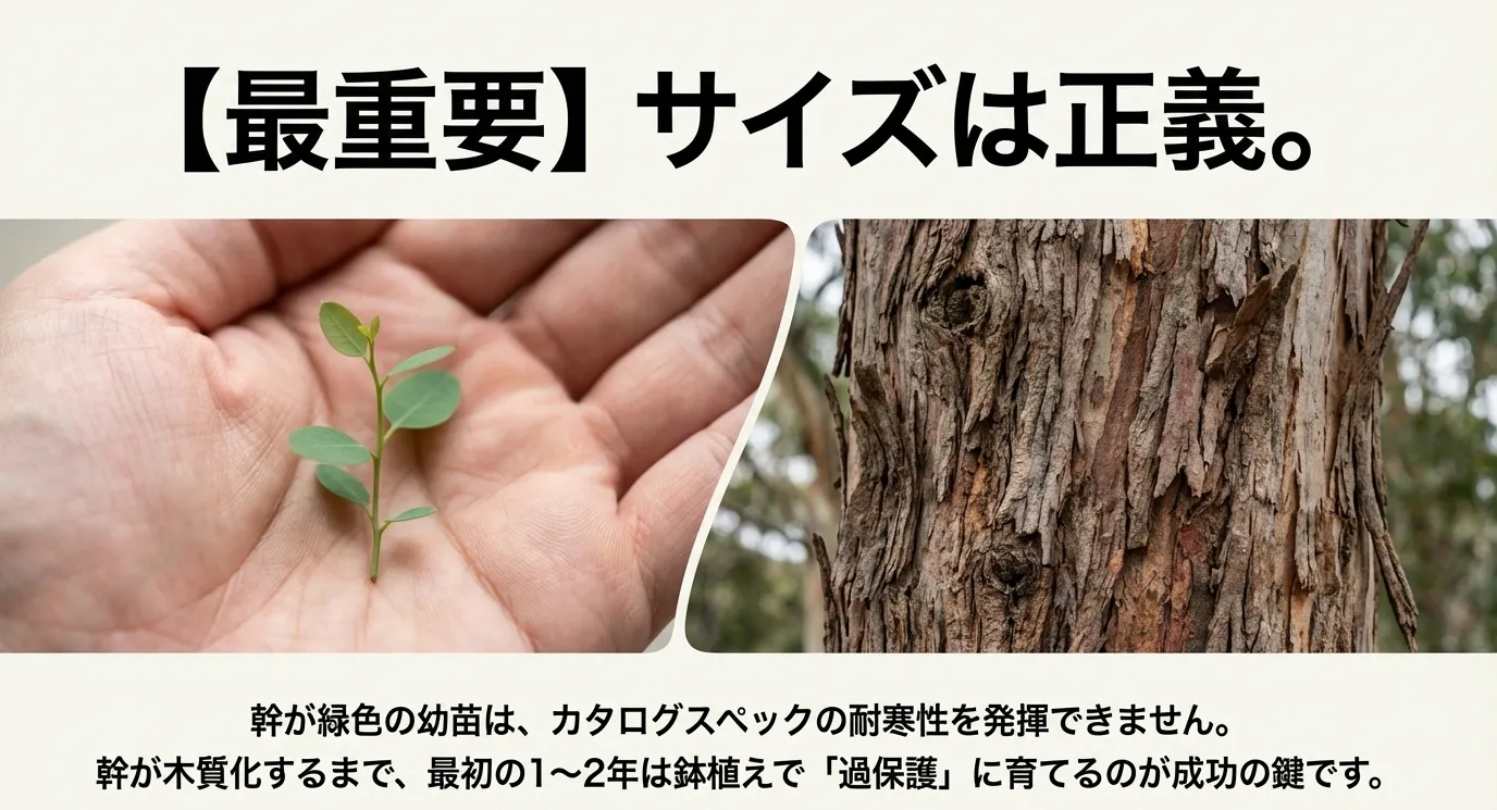 手のひらに乗る小さな幼苗と、しっかりと樹皮が発達した木質化した幹の比較写真。「サイズは正義」というテキストと共に、最初の1〜2年の鉢植え管理を推奨