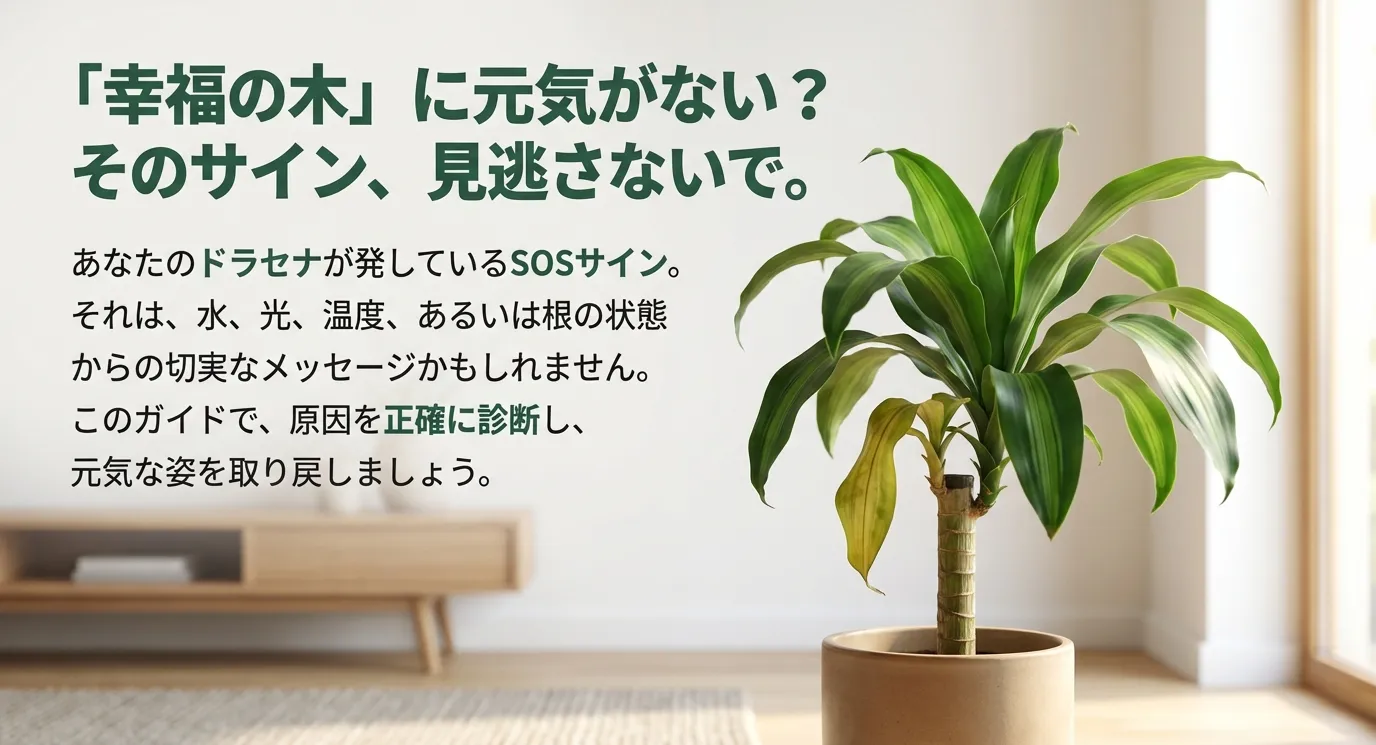 「幸福の木」に元気がない?あなたのドラセナが発しているSOSサインを水、光、温度、根の状態から診断しましょう、という導入スライド。