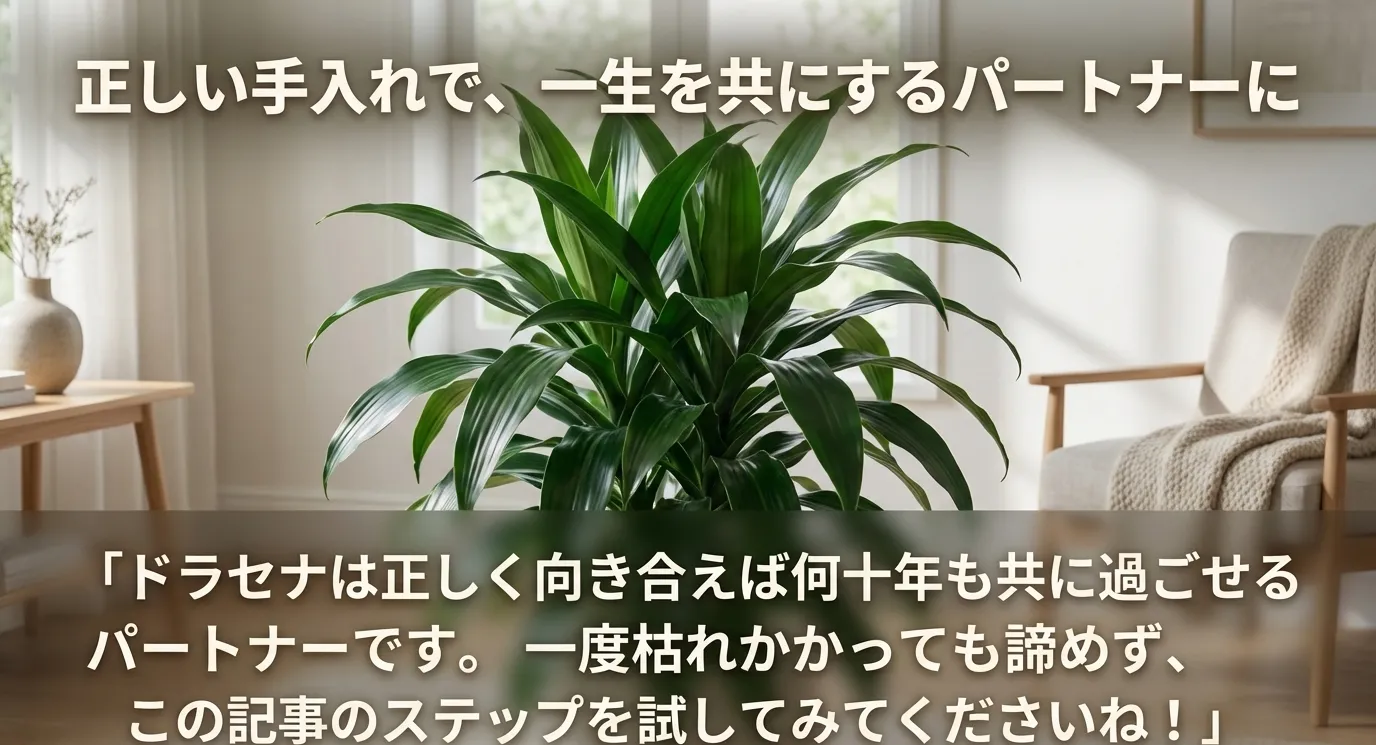 正しい手入れで一生を共にするパートナーに。一度枯れかかっても諦めないで、という前向きなメッセージ。