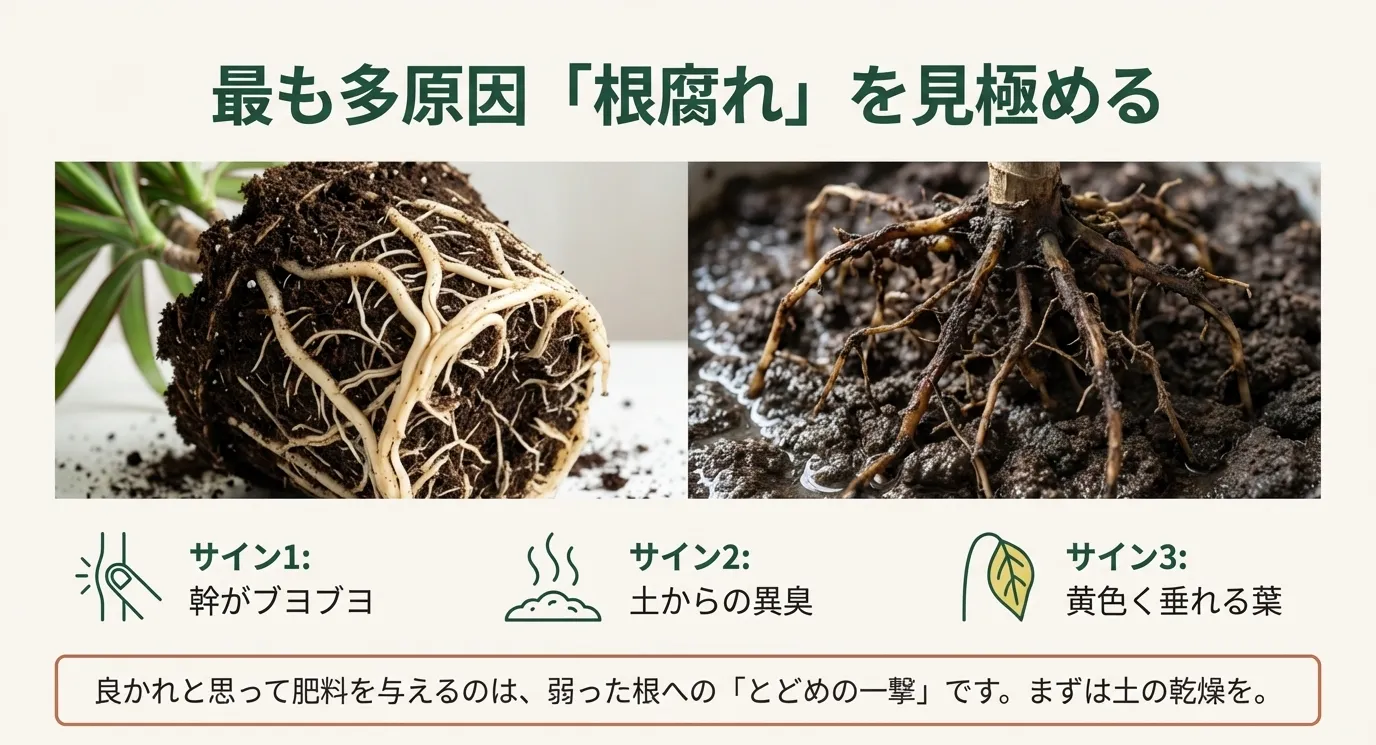 健康な白い根と腐って黒ずんだ根の比較写真。幹がブヨブヨする、土からの異臭、黄色く垂れる葉という3つの重要なサインの解説
