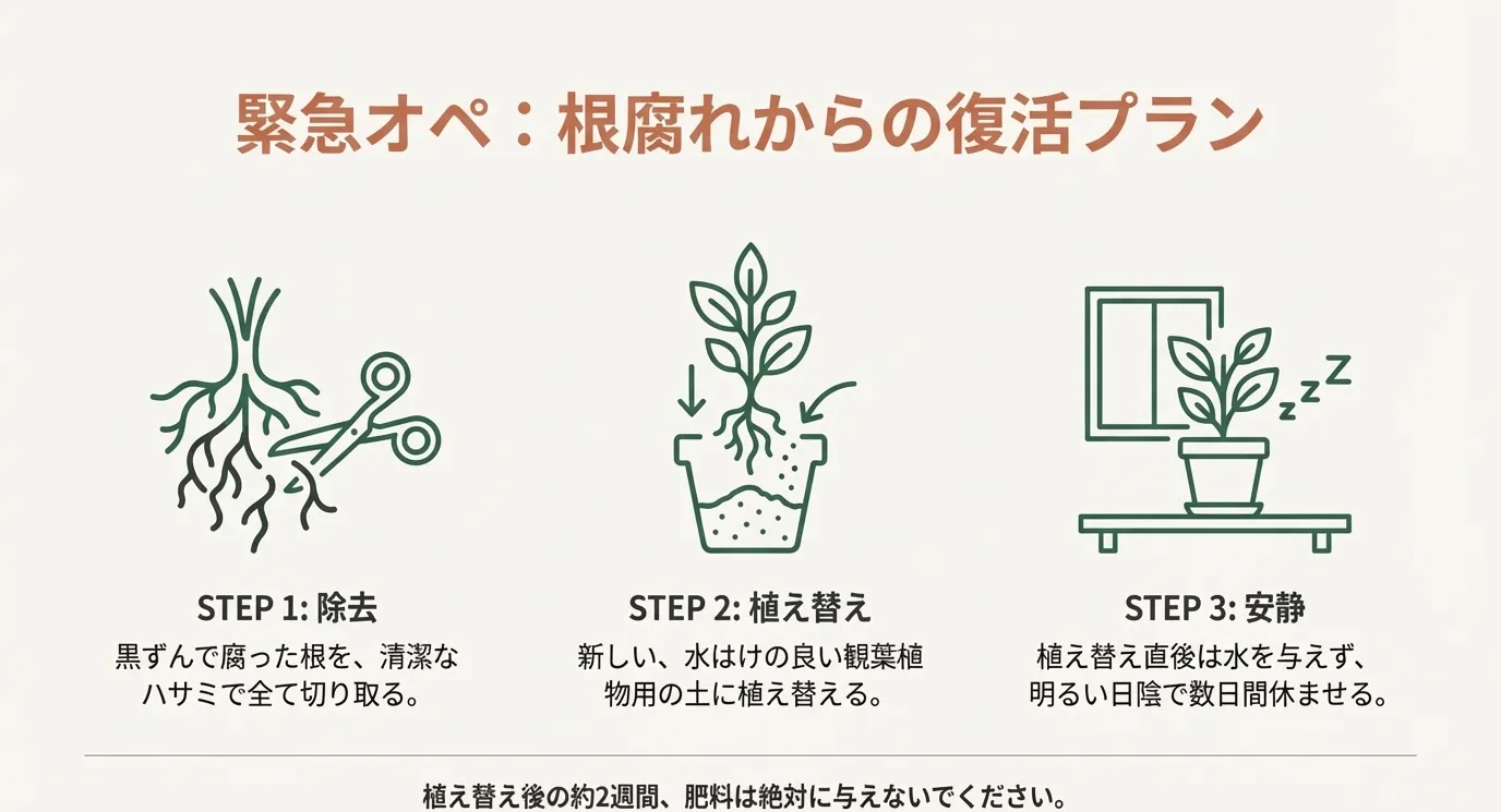 腐った根をハサミで除去し、新しい土へ植え替え、数日間明るい日陰で安静にさせるという復活のための手順を示したイラスト