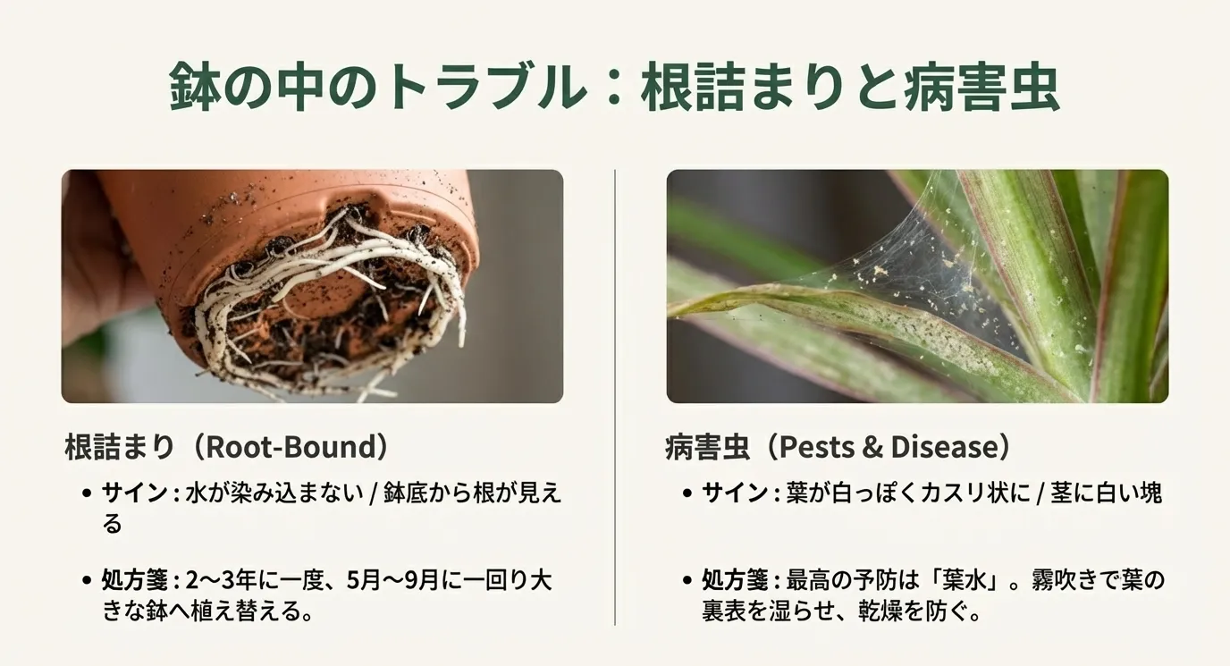 鉢底から根がはみ出している様子とハダニの被害を受けた葉の写真。根詰まりへの植え替え対応と、病害虫予防としての葉水の重要性の解説