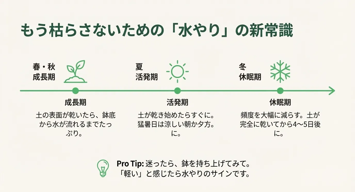 春・秋(成長期)、夏(活発期)、冬(休眠期)それぞれの水やり頻度の違いと、鉢を持ち上げて重さを確認するプロのコツ