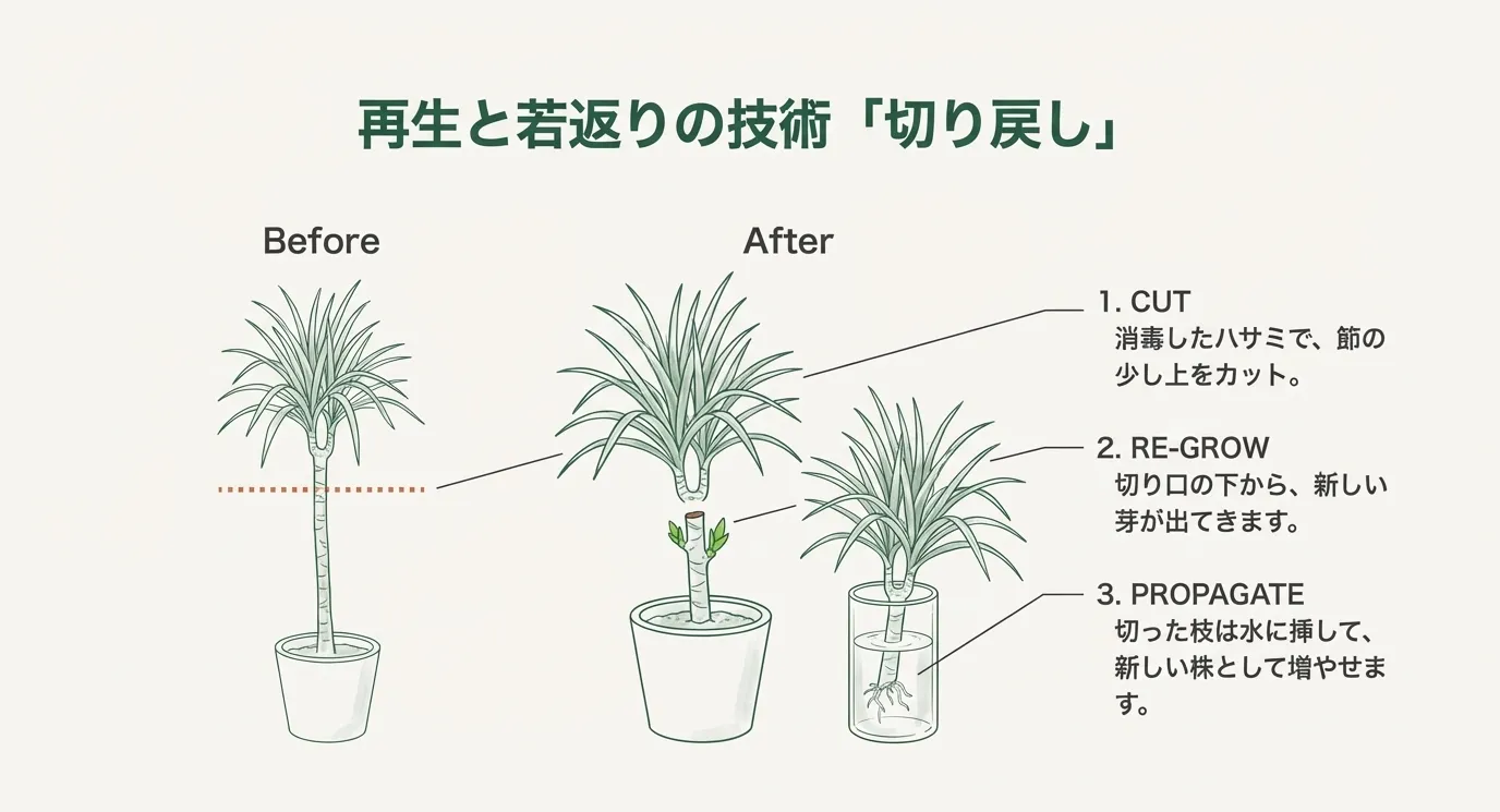 Before/Afterのイラスト。節の上をカットし、新しい芽が出てくる様子と、切った枝を水に挿して増やす手順の解説。