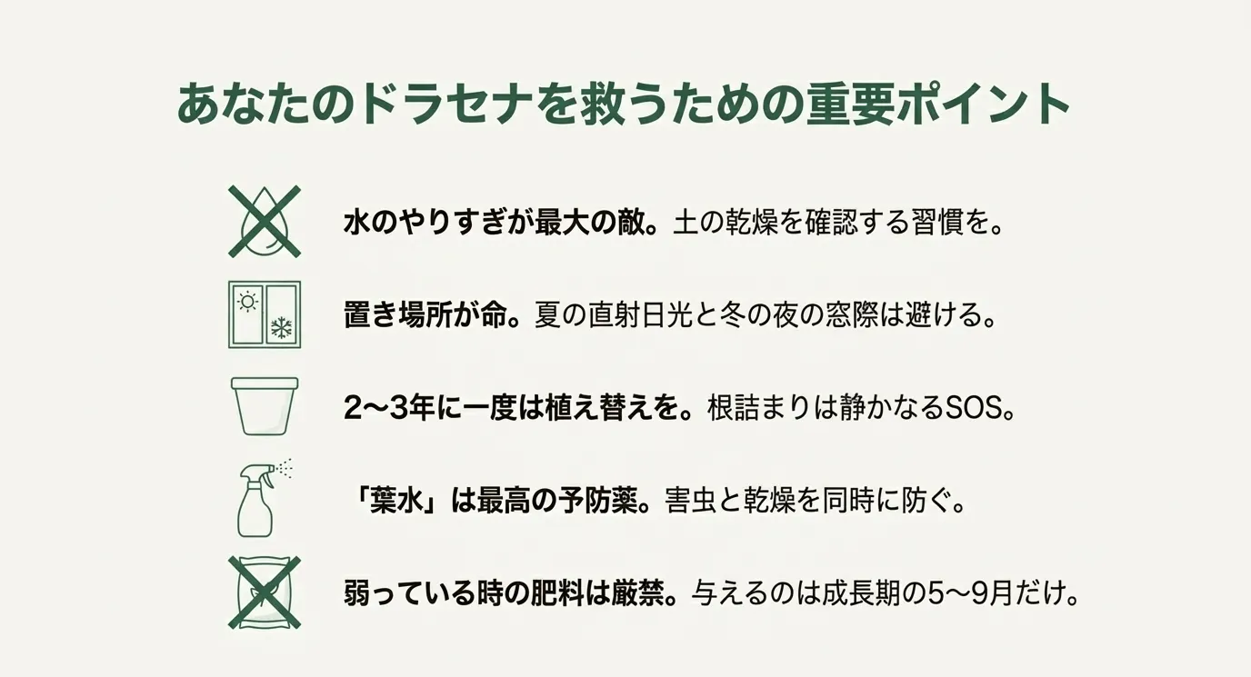 水のやりすぎ注意、置き場所の重要性、2〜3年に一度の植え替え、葉水の活用、弱っている時の肥料厳禁という5つの重要ポイント