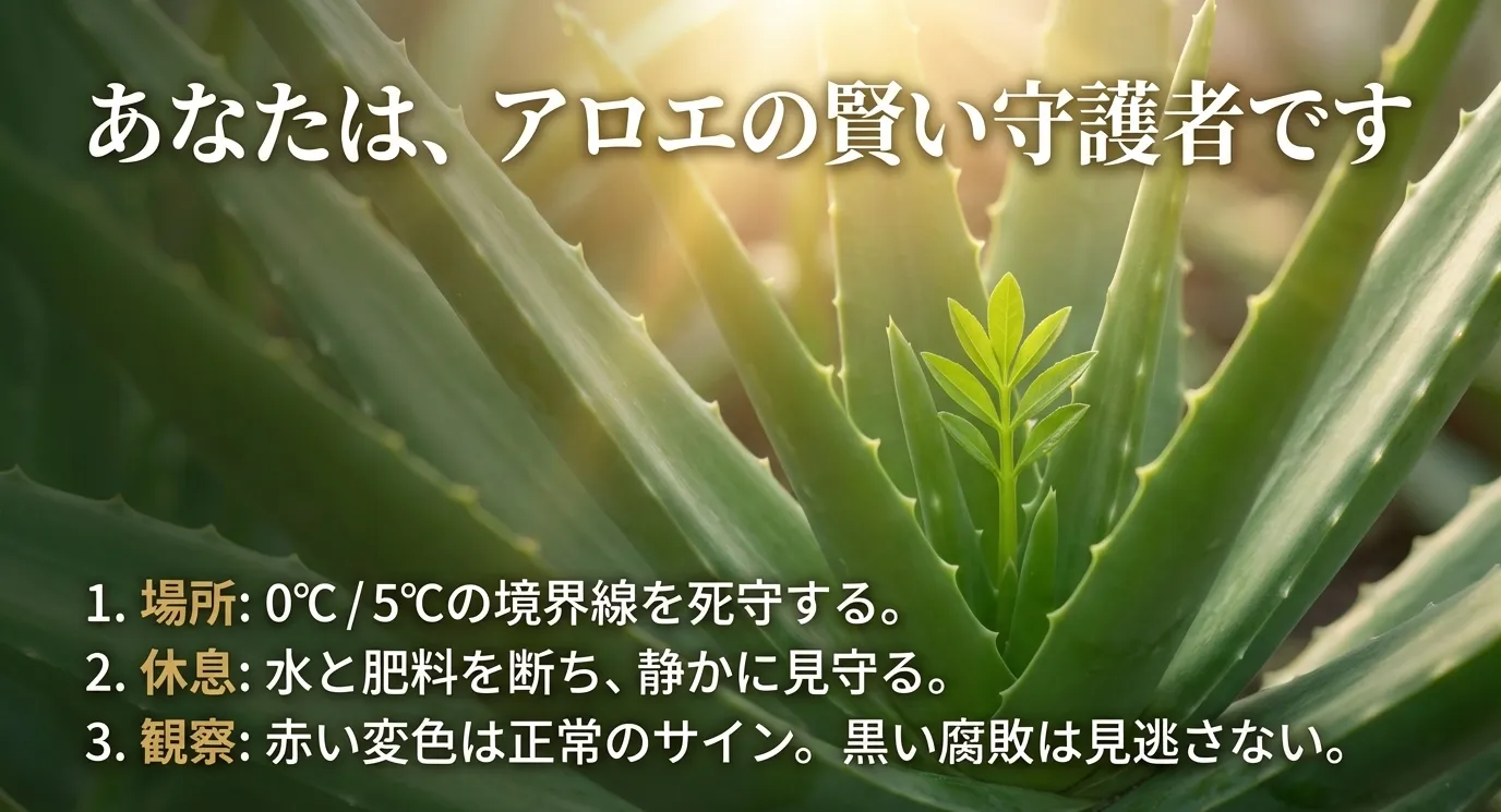 場所（温度死守）、休息（断水・肥料断ち）、観察（変色と腐敗の見極め）の3点を再確認するまとめのスライド