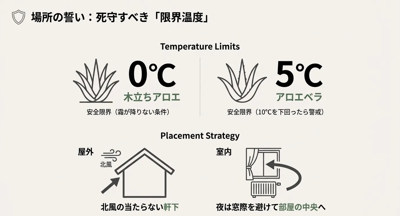木立ちアロエ（0℃）とアロエベラ（5℃）の耐寒限界温度の図解。屋外では北風を避け、室内では夜間に窓際から離すといった配置戦略のイラスト