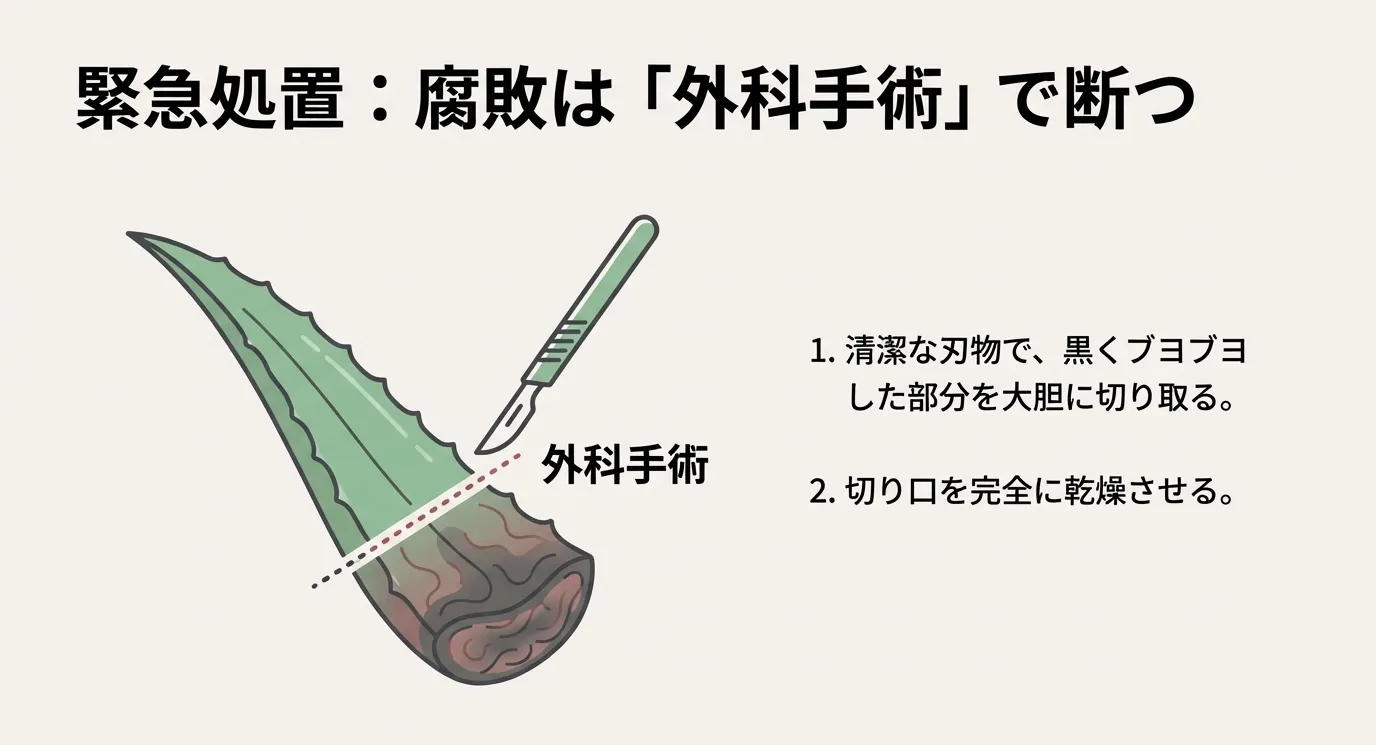 アロエの葉の腐敗部分を清潔な刃物で大胆に切り取るイラスト。切り口を完全に乾燥させる手順の解説。