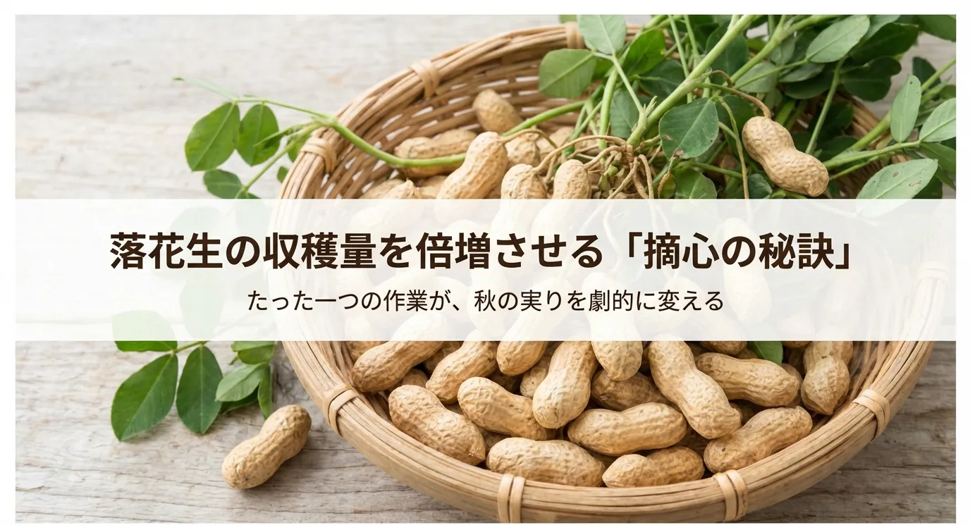 カゴいっぱいに収穫された落花生と、葉がついたままの落花生のイメージ画像。