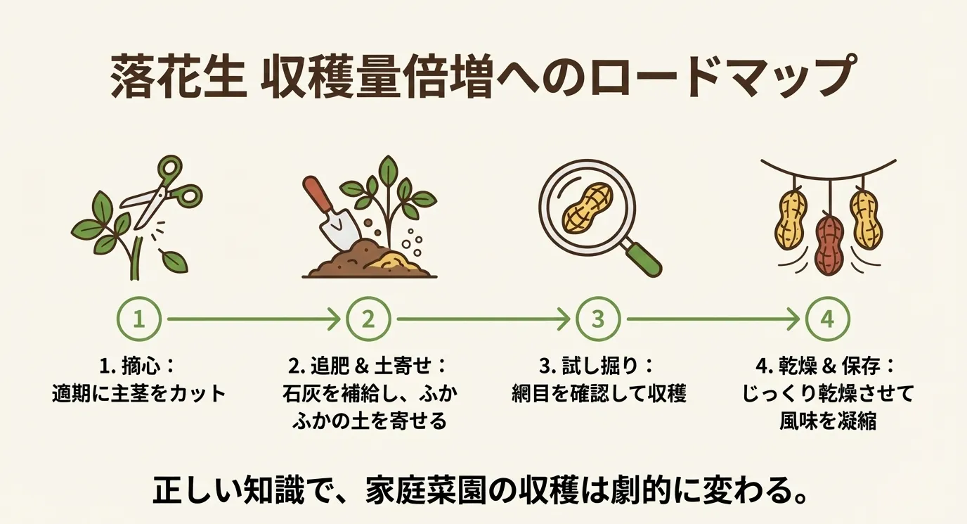 1.摘心、2.追肥&土寄せ、3.試し掘り、4.乾燥&保存という、収穫量を増やすための4つのステップをまとめた図。