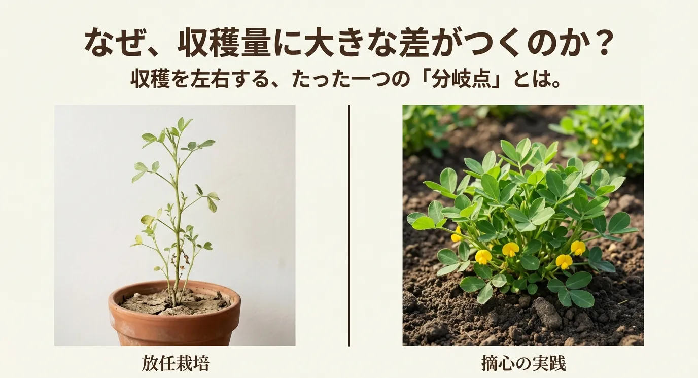 一本だけ高く伸びた落花生の苗(放任栽培)と、低く横に広がり黄色い花をたくさん咲かせた苗(摘心栽培)の比較写真。