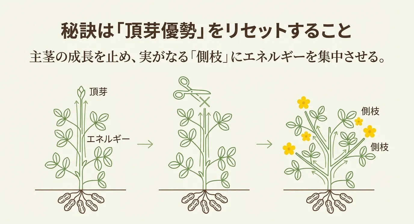 頂芽に集中していたエネルギーを、主茎をカットすることで実がなる側枝へと分散させるメカニズムを示した図解。