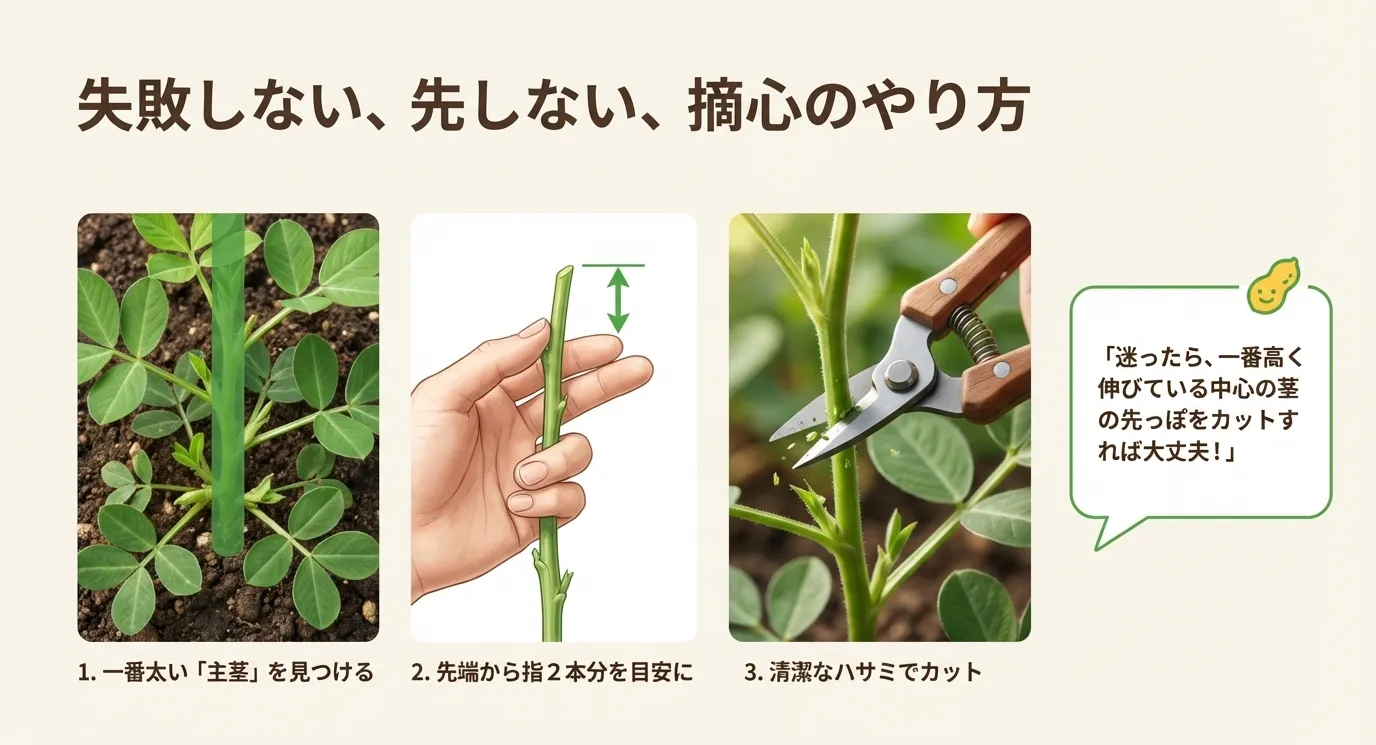 一番太い主茎を見つけ、先端から指2本分を目安に清潔なハサミでカットする様子を示したイラストと写真。