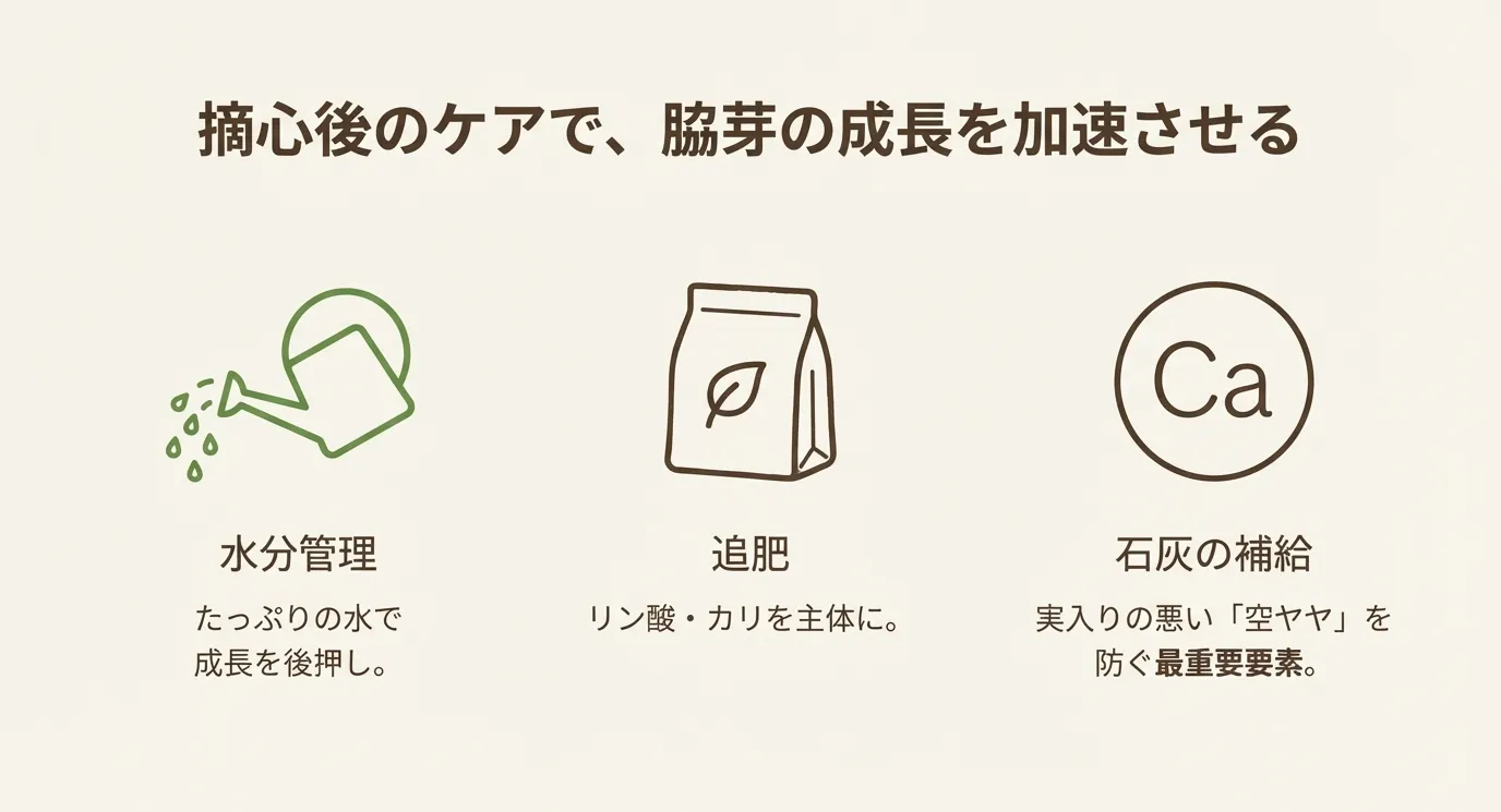 成長を後押しする水分管理、リン酸・カリ主体の追肥、そして実入りを良くする石灰(カルシウム)の補給を示すアイコン。