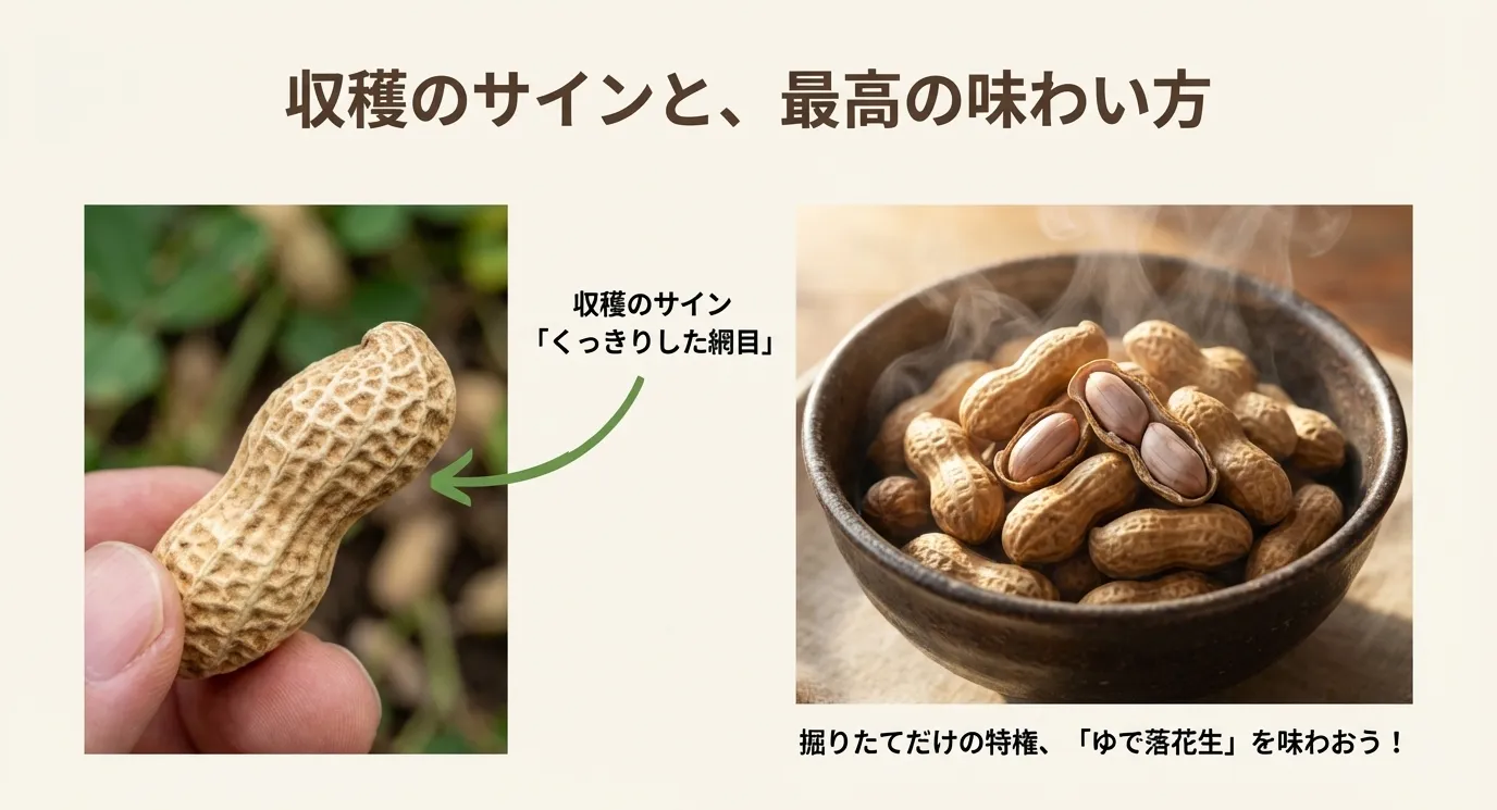 殻の網目がくっきり出た収穫適期の落花生と、湯気が上がった美味しそうな「ゆで落花生」の写真。