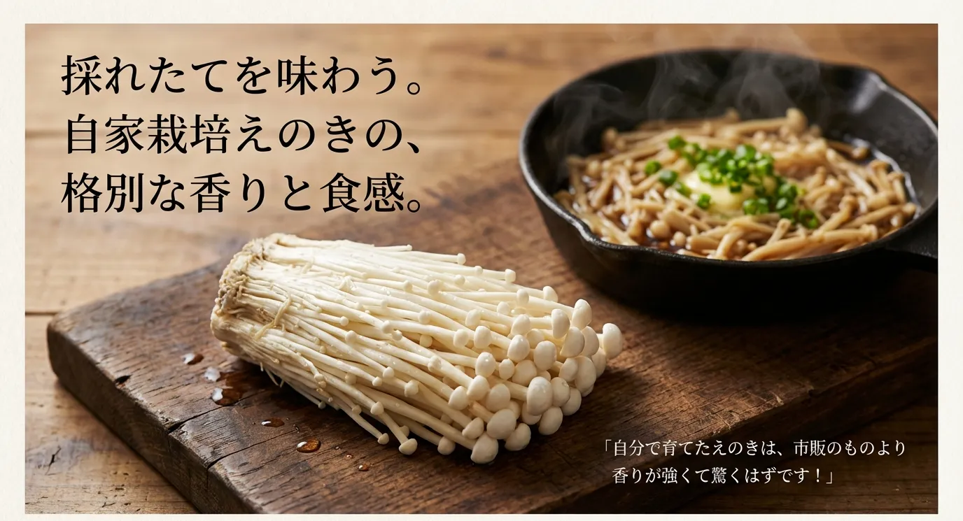 採れたてのえのきの格別な香りと食感を伝えるイメージ。