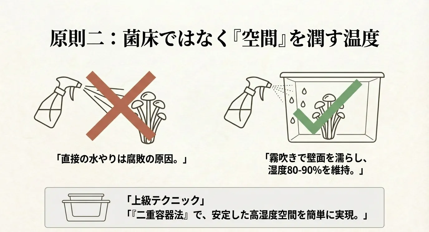 菌床に直接水をかけず、容器の壁面を濡らして空間の湿度を保つ方法と二重容器法のイラスト。
