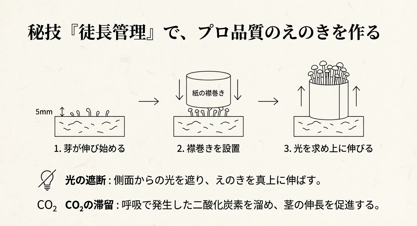 紙の襟巻きを設置して、光を遮りながら二酸化炭素を溜めて茎を上に伸ばす仕組みの図解。