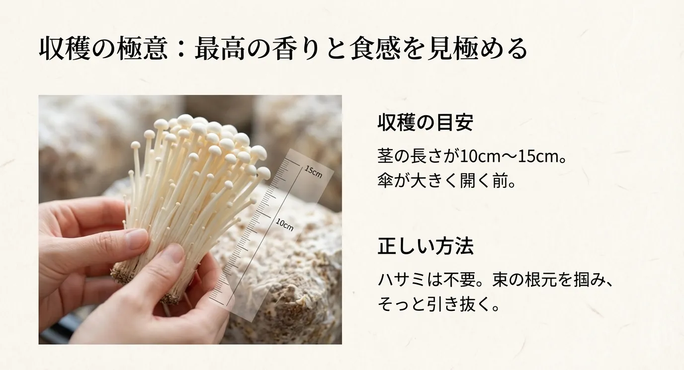 10cm〜15cmに育ったえのきの束を手に持ち、定規で長さを測っている収穫時の様子。