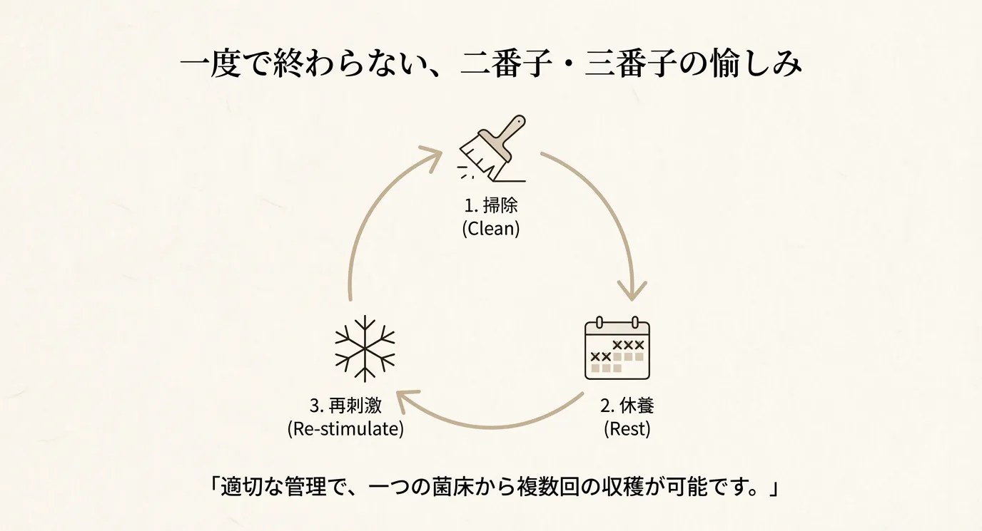掃除、休養、再刺激の3ステップを繰り返すことで複数回の収穫を可能にするサイクル図。