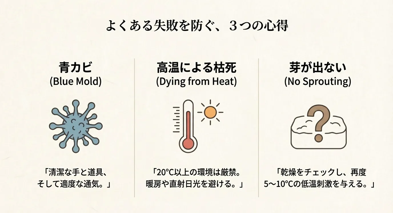 青カビ、高温、芽が出ないといったトラブルのアイコンと、それぞれの予防・対策方法。