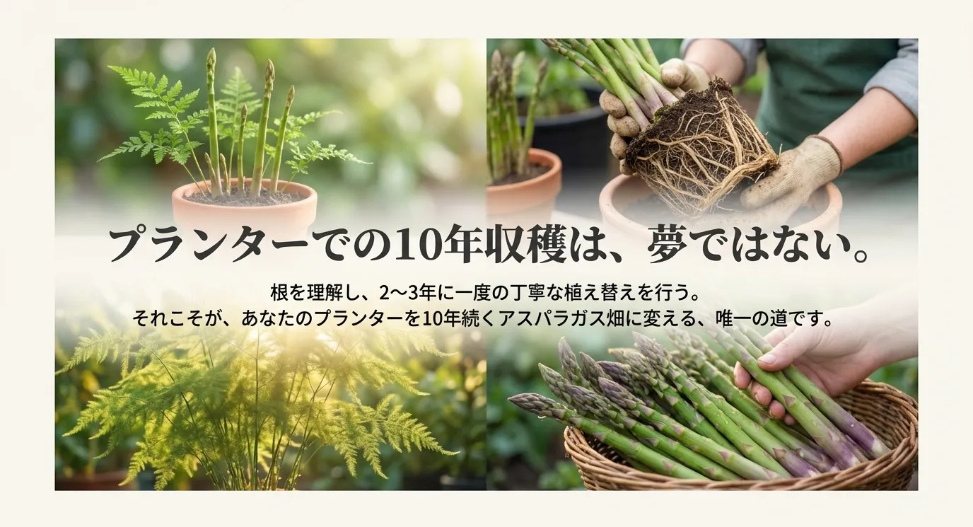 収穫されたアスパラガスの写真と、適切な植え替えによって10年収穫が夢ではないことを伝えるメッセージ