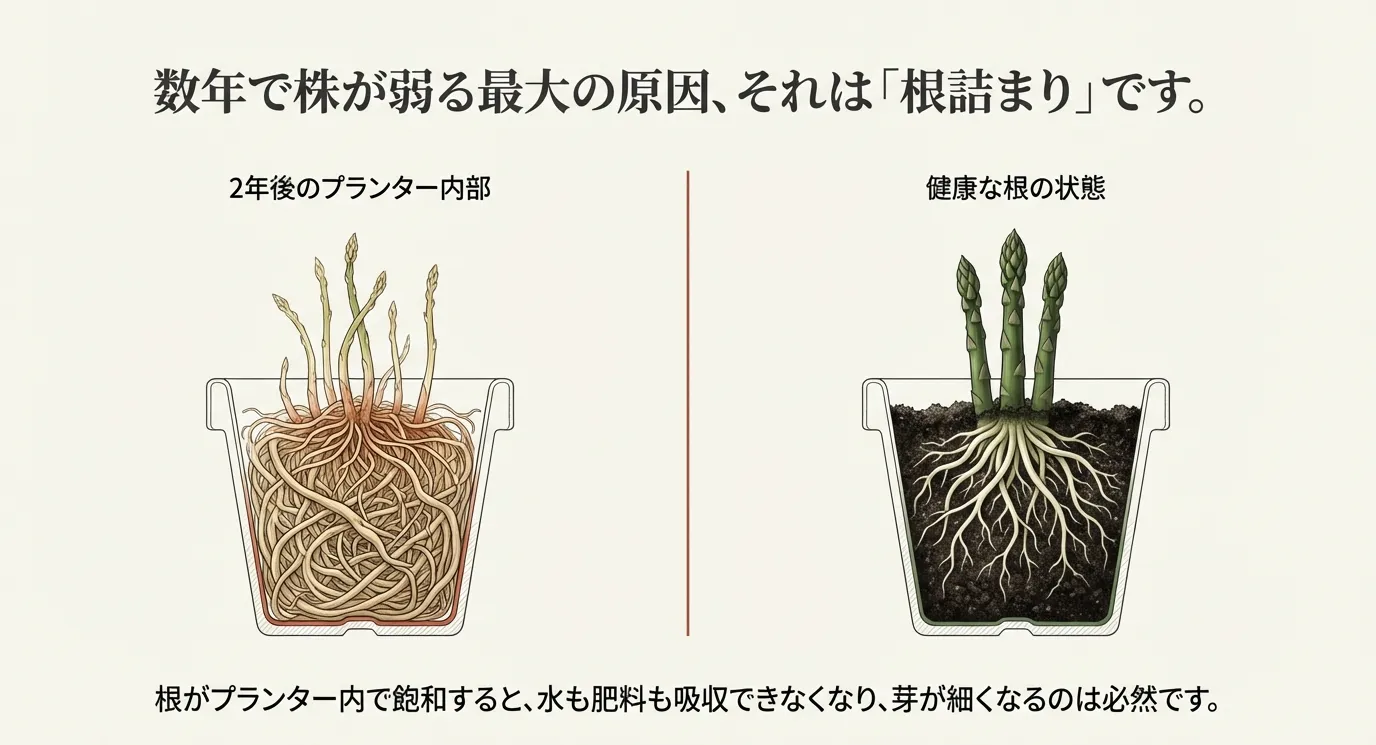 2年後のプランター内部の根が飽和した状態と、健康な根の状態を比較したイラスト