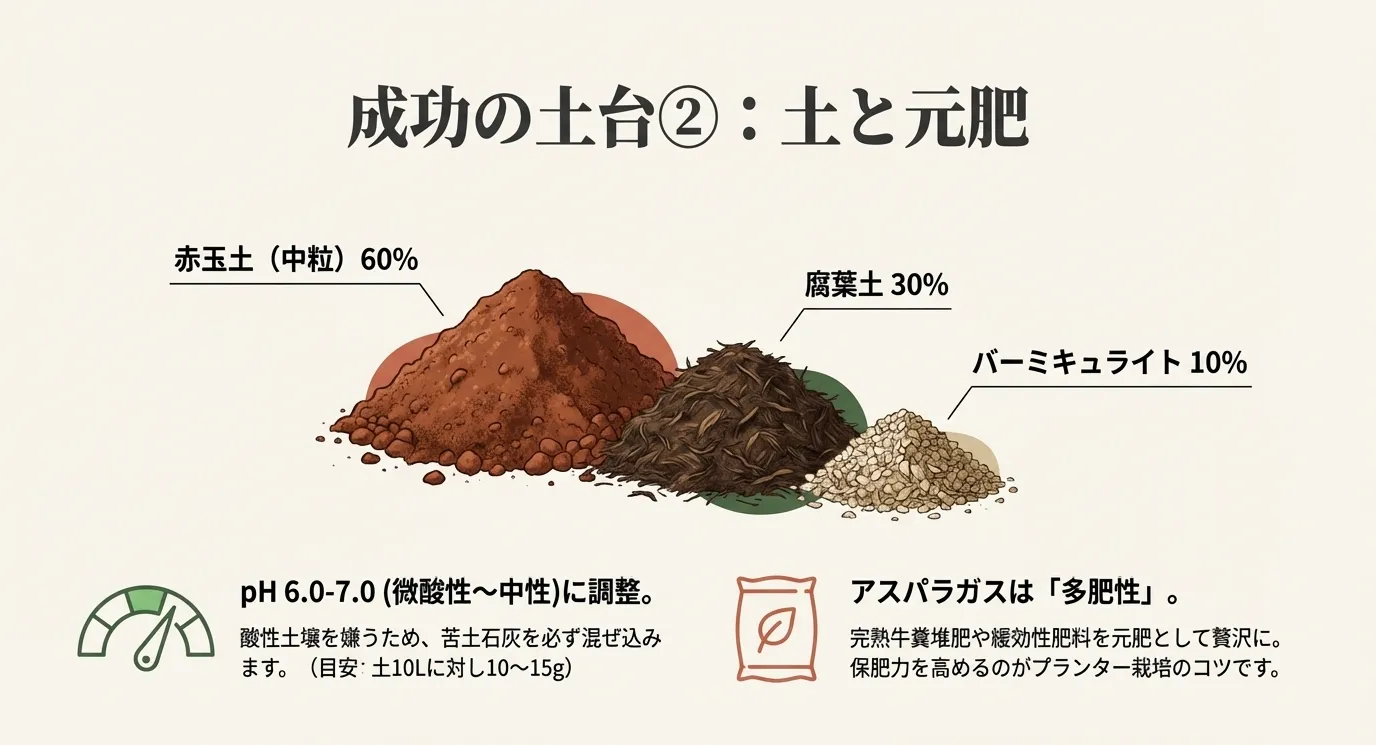 赤玉土60%、腐葉土30%、バーミキュライト10%の配合比率と、pH調整、多肥性に対応した元肥の重要性のまとめ 。