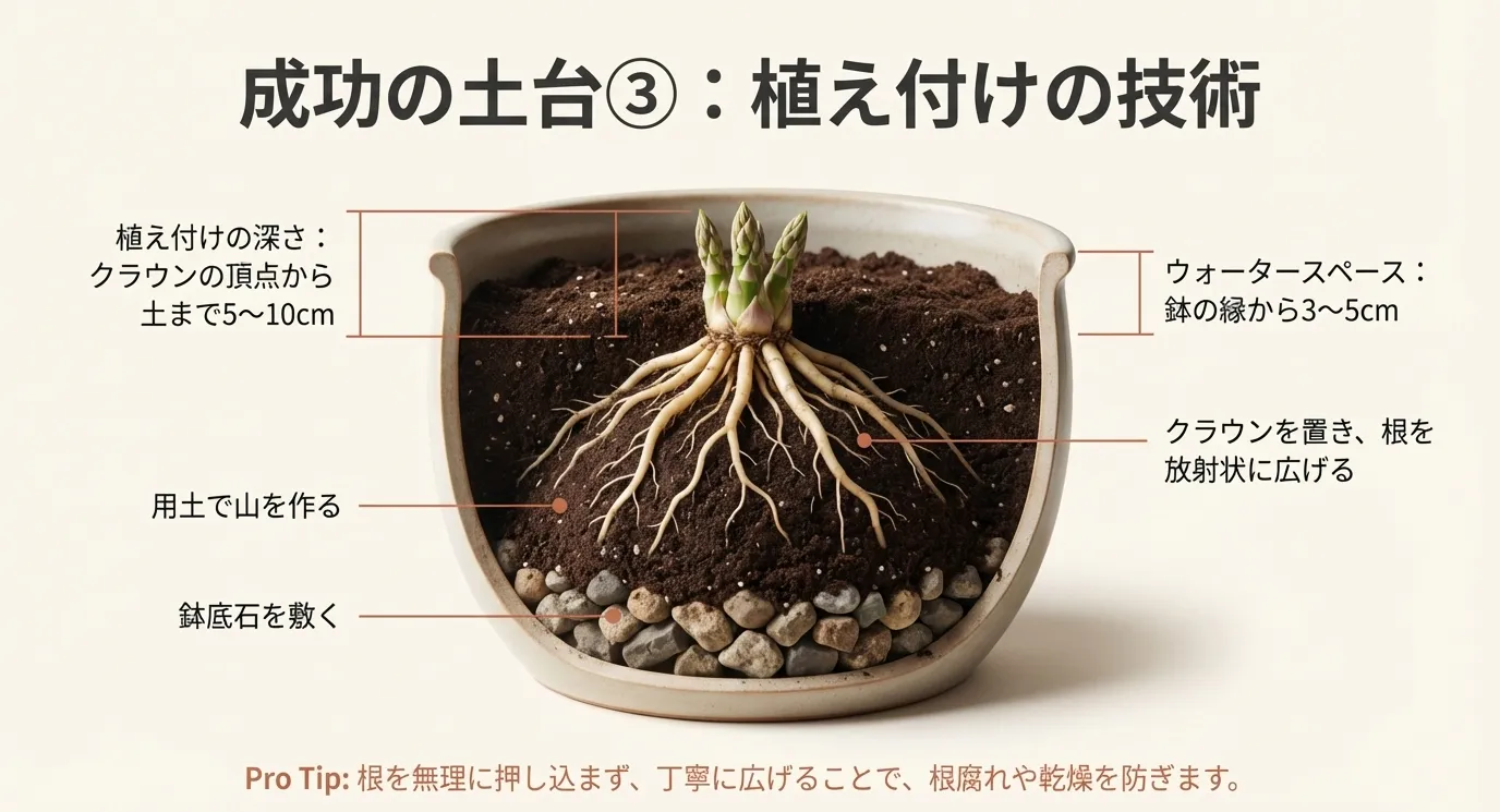 鉢底石を敷き、土の山に根を放射状に広げる様子、クラウンから土まで5〜10cmの深さにする図解