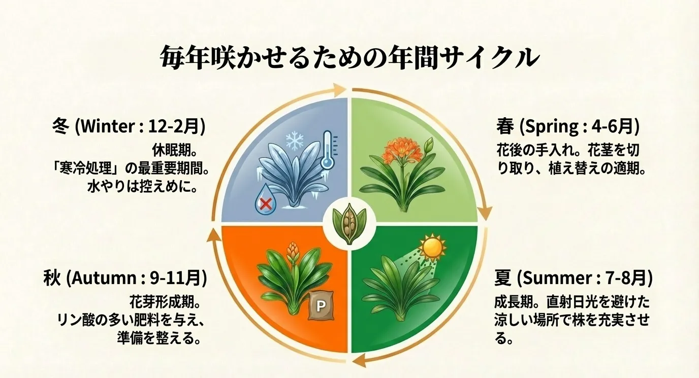 冬の寒冷処理、春の花後の手入れ、夏の涼しい場所での管理、秋の花芽形成期という、四季に応じた管理ポイントをまとめた図