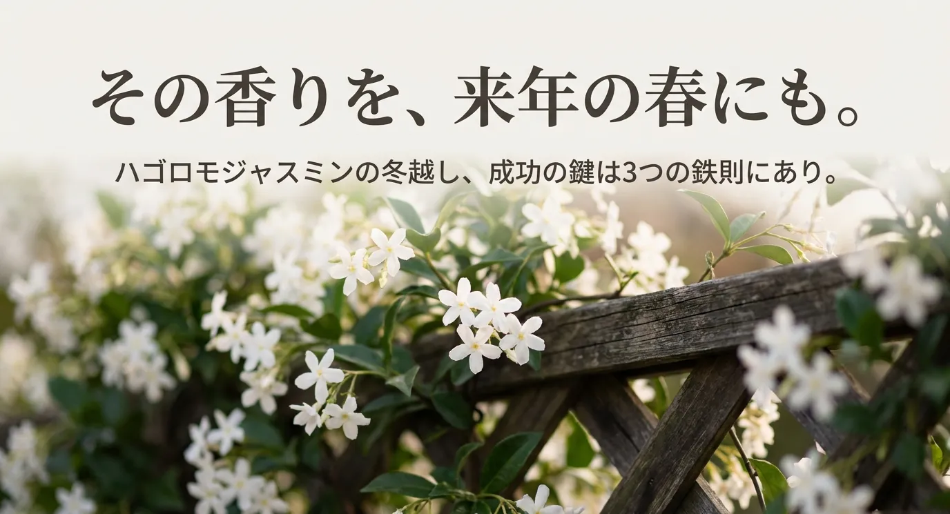 ハゴロモジャスミンの花と「その香りを、来年の春にも。ハゴロモジャスミンの冬越し、成功の鍵は3つの鉄則にあり。」というキャッチコピーの表紙。