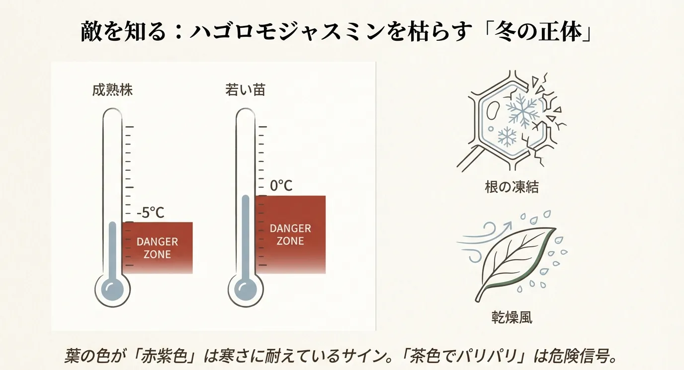 凍結による細胞破壊のイラスト、成熟株（-5度）と若い苗（0度）の危険ラインを示す温度計、冬の乾燥風にさらされる葉、葉の色の変化（赤紫は耐寒、茶色は危険）の解説。