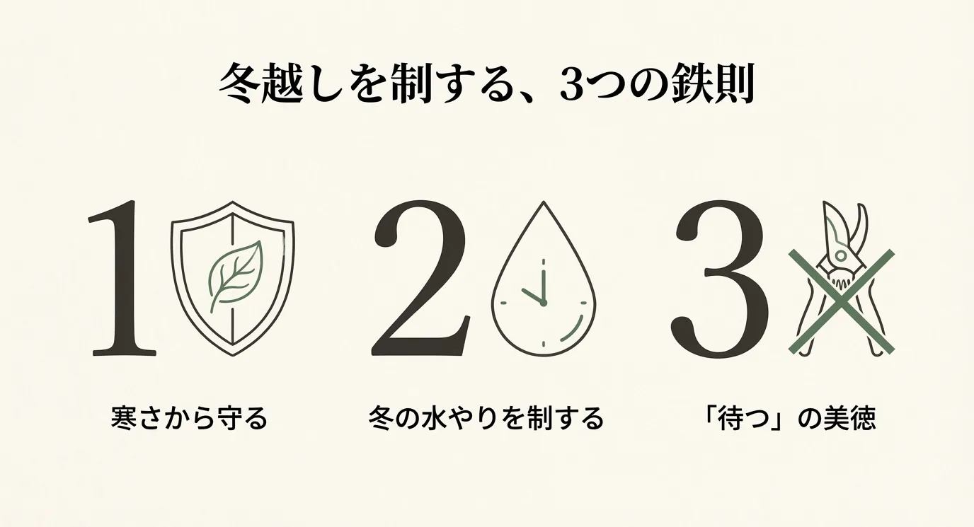1.寒さから守る（盾のアイコン）、2.冬の水やりを制する（太陽と時計のアイコン）、3.「待つ」の美徳（ハサミにバツ印のアイコン）という3つの基本ルール。