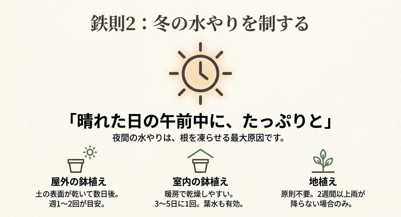 晴れた日の午前中にたっぷり水を与えるアイコンと、屋外鉢植え（週1〜2回）、室内鉢植え（3〜5日に1回）、地植え（原則不要）という環境別の頻度まとめ。