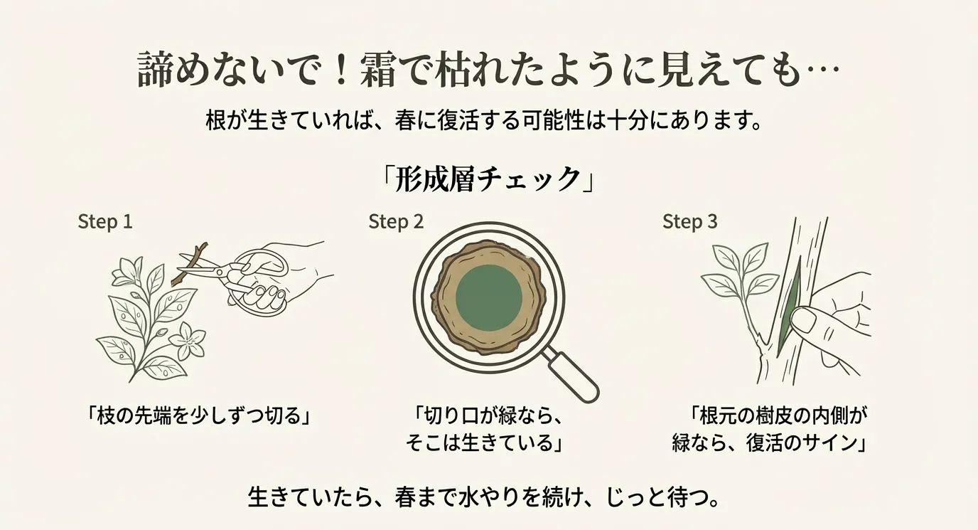 形成層チェックの3ステップ。枝の先端を少しずつ切り、切り口が緑か確認する図と、根元の樹皮の内側が緑なら復活のサインであることを示す図解。