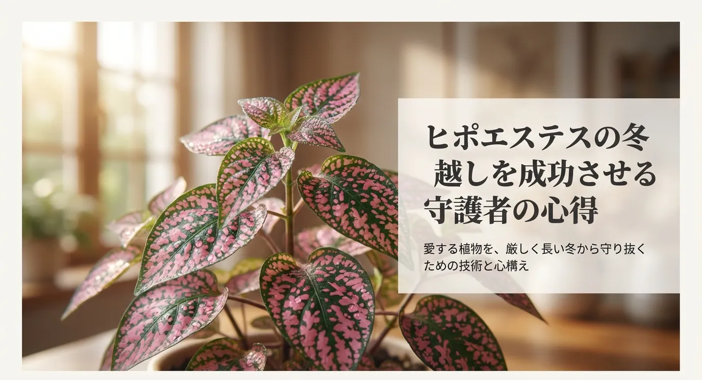 ヒポエステスの写真とともに「ヒポエステスの冬越しを成功させる 守護者の心得」と書かれたメインスライド画像