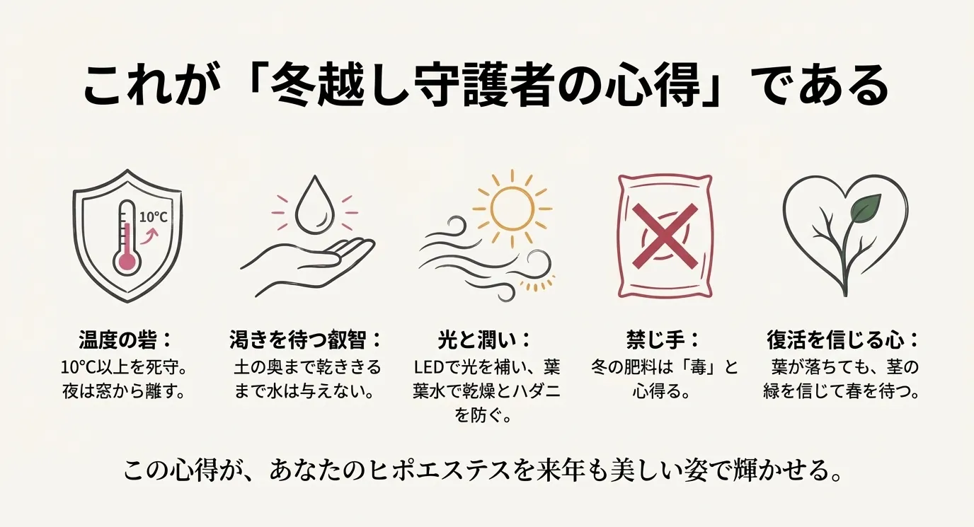 温度の死守、水やりの我慢、光と潤い、肥料の禁止、復活を信じる心という、5つの主要な心得をアイコンでまとめた総括スライド。