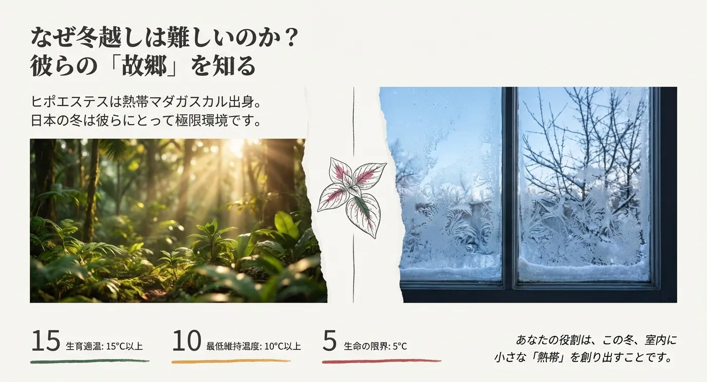 マダガスカルのジャングルの写真と窓の霜の写真が対比され、生育適温15℃以上、最低維持温度10℃以上、生命の限界5℃と示された温度管理のスライド