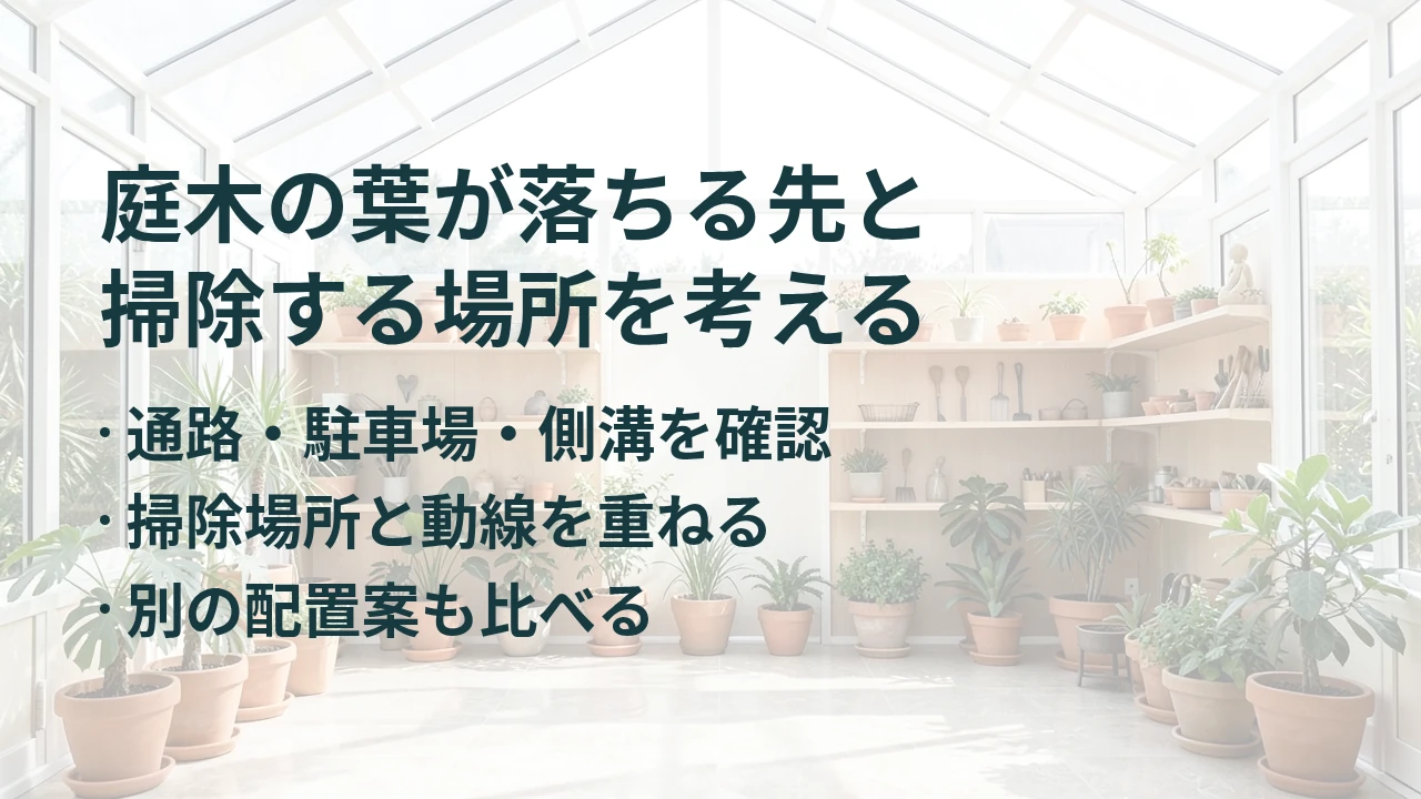 庭木の葉が落ちる先と 掃除する場所を考える