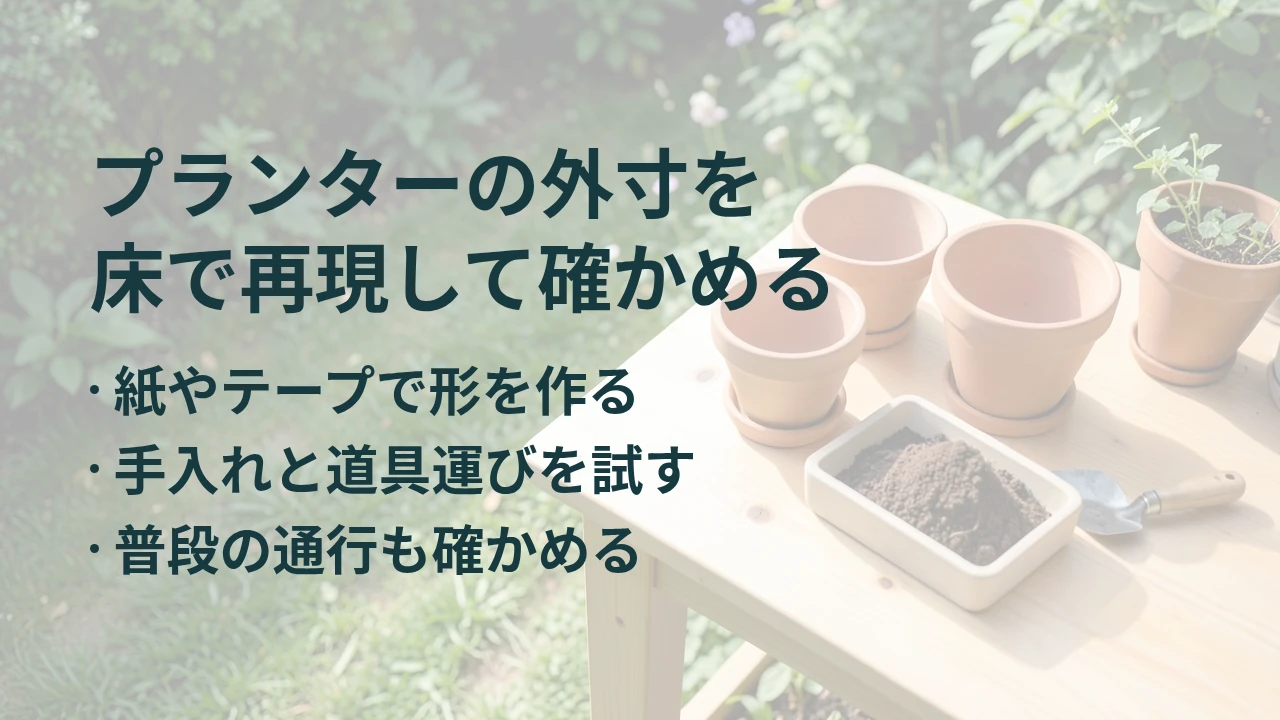 プランターの外寸を 床で再現して確かめる