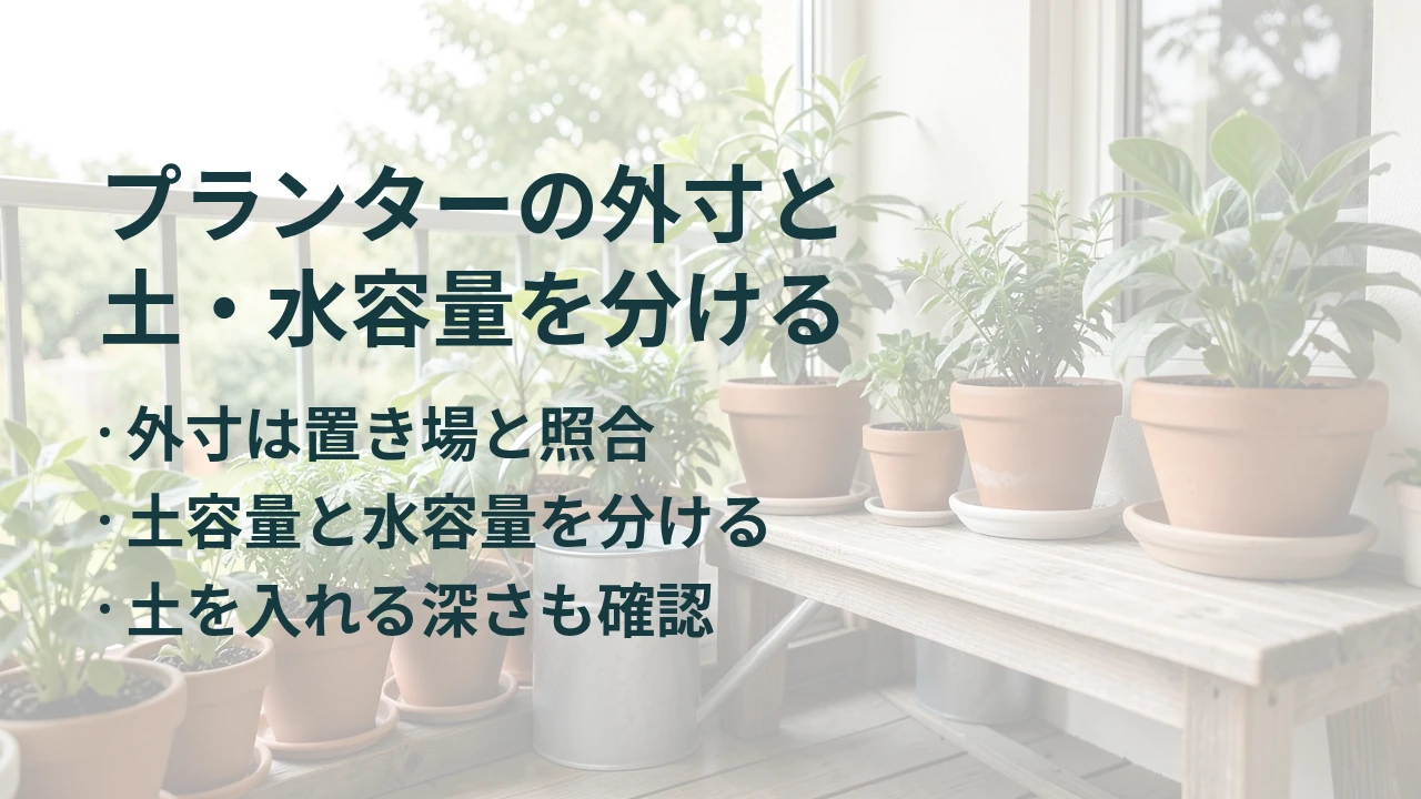 プランターの外寸と 土・水容量を分ける