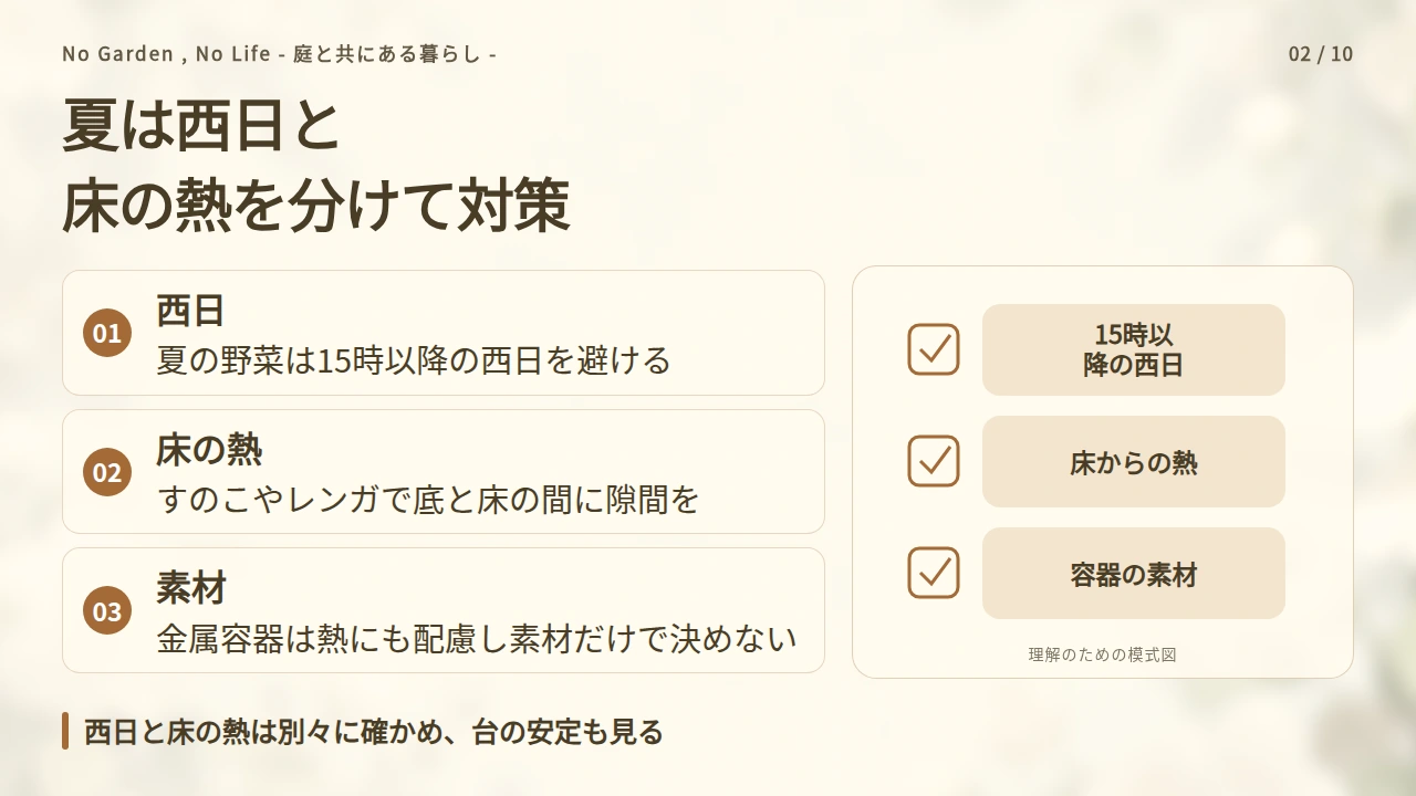 夏は西日とコンクリート床の熱を分けて対策するの要点と図解